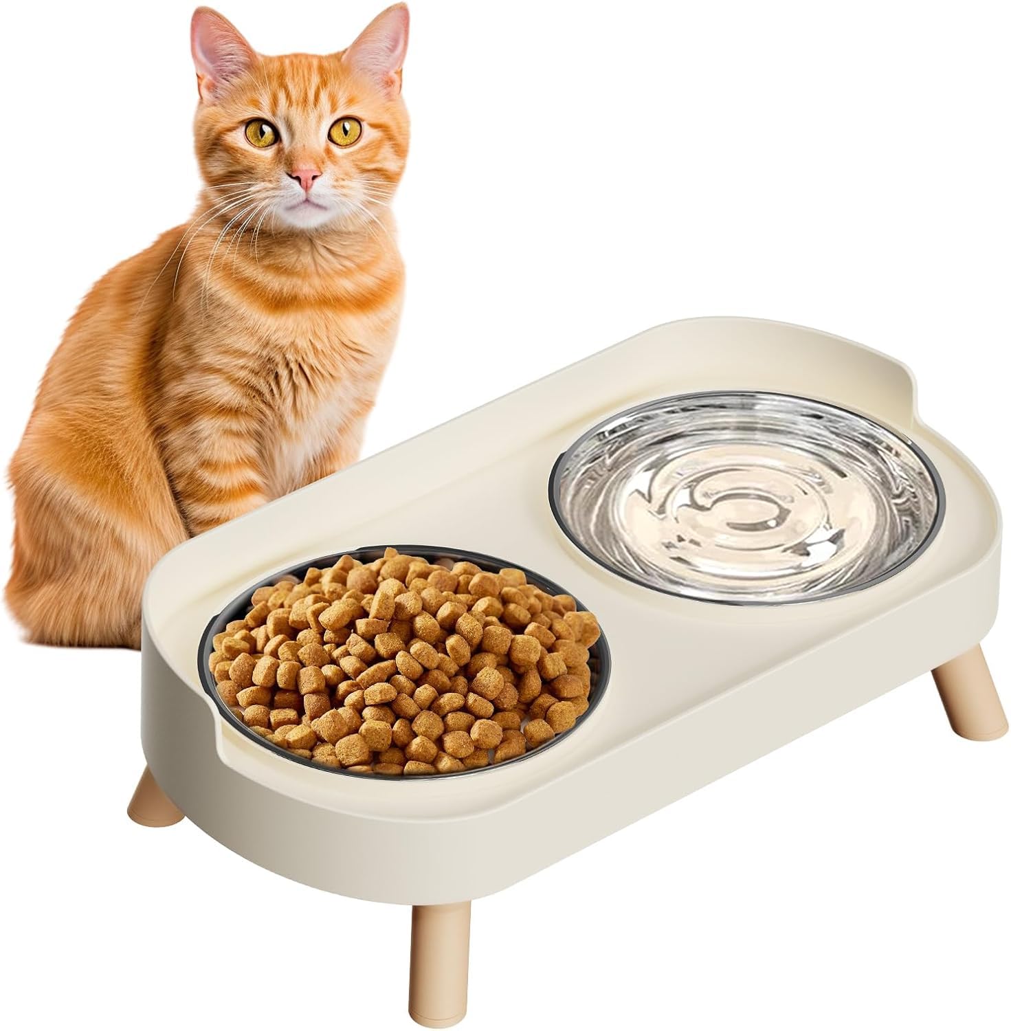 Elevated Cat Bowl with 2 Stainless Steel Bowls, Splash-Proof