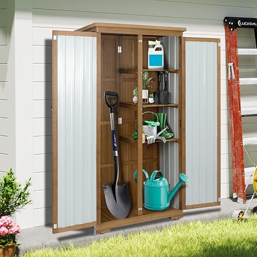 Miniatura 9 de Armario de almacenamiento para exteriores impermeable con estantes, pequeño cobertizo de almacenamiento, vertical alto, patio, jardín, armario de
