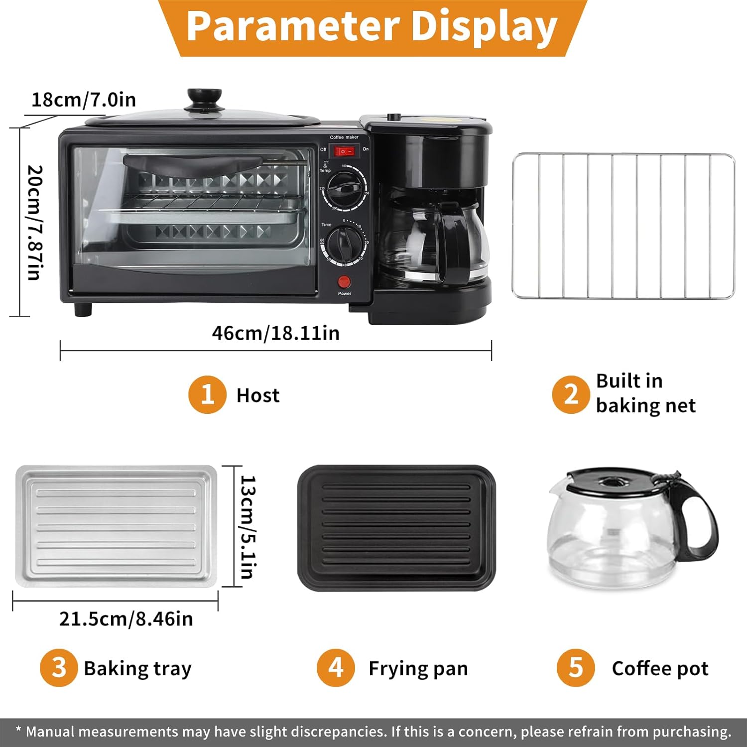 3-in-1 Breakfast Machine with Coffee Maker, Toaster, Non-Stick Griddle, Multi-Function Breakfast Machine with Timer, Kitchen Appliance Ideal for Apartments and Small Kitchens