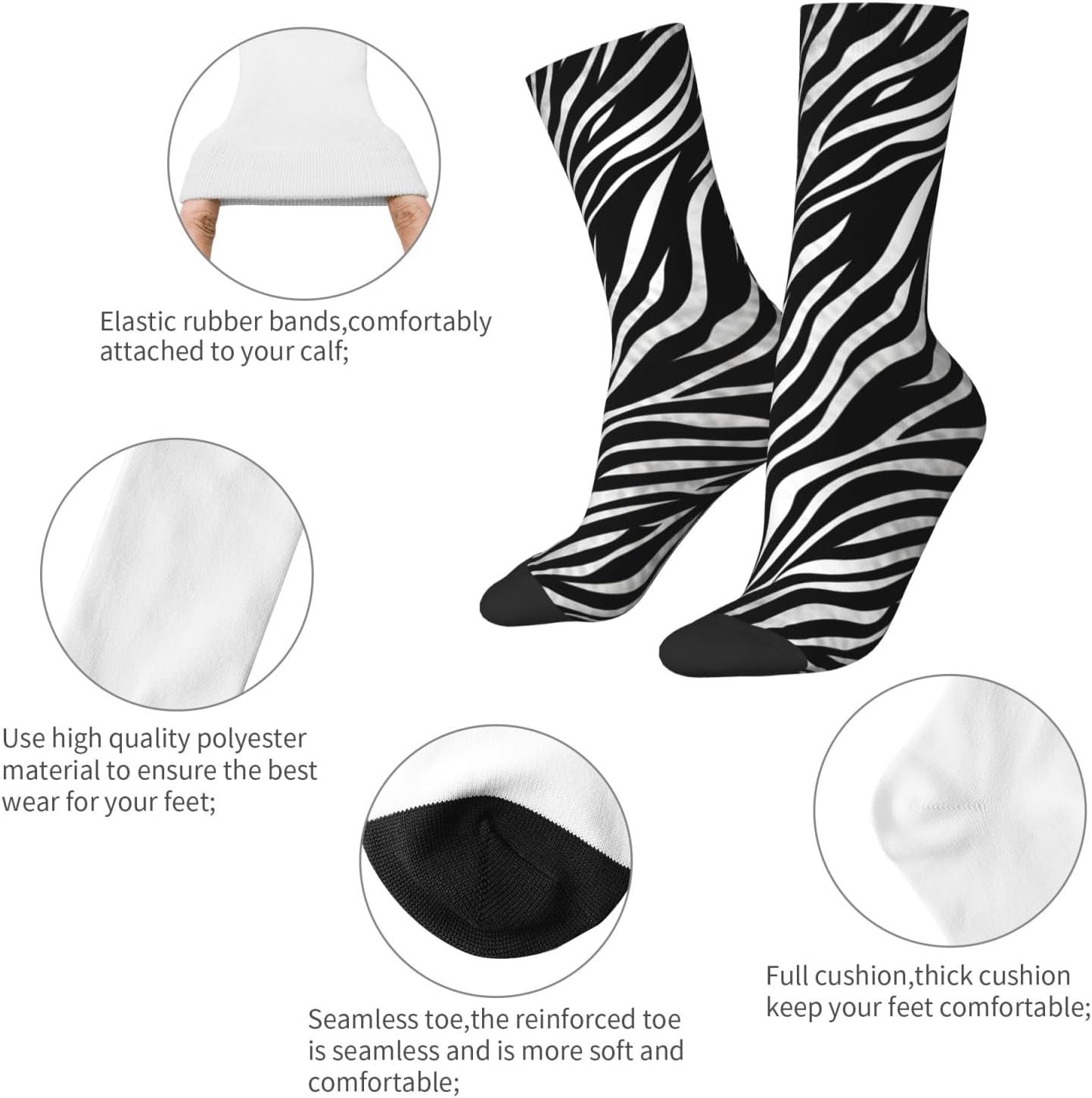 Zebra Print Crew Socks for Men Women Moisture Wicking Cushion Athletic Sock Casual Novelty Socks Gift