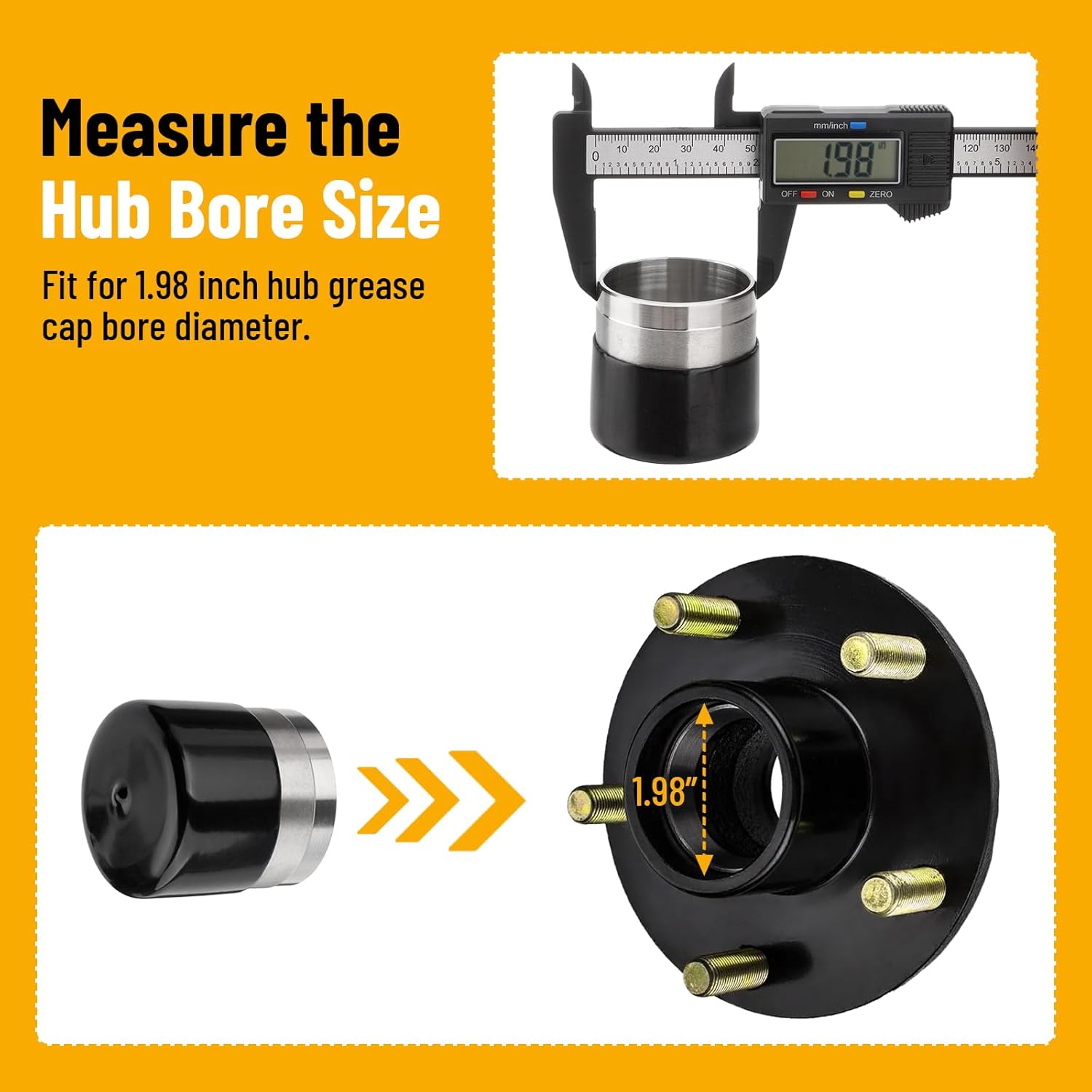 1.98" Trailer Wheel Bearing Protectors, Chromed Stainless Steel Axle Bearing Protective Kit with Dust Cap & Auto Check for Boat Trailer, Utility Trailer, Snowmobile, RV and ATV - 4 Pack