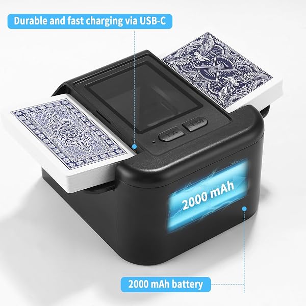 Zofory Automatischer Kartenmischer Geräuscharmer und Wiederaufladbarer Kartenmischer für 2 Kartensätze Mischmaschine 2000mAh, für UNO, Poker, Texas Hold'em Schwarz - 4