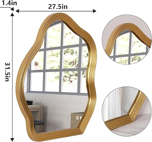 Miniatura 4 de SHYFOY Espejos de pared asimétricos para decoración de sala de estar, espejo irregular dorado bohemio, espejo ondulado decorativo para baño,