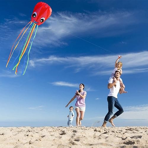 Miniatura 4 de Paquete de 3 cometas grandes de pulpo sonriente mejoradas, hermosa cometa de cola larga para niños y adultos, fácil de volar a la playa, grandes