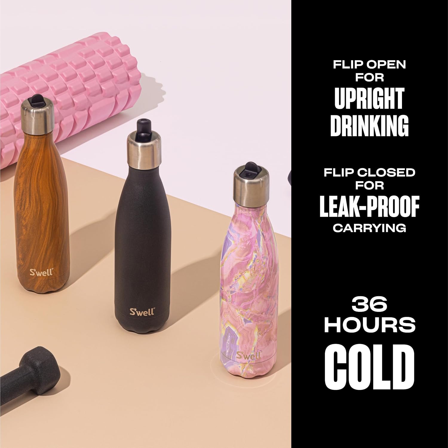 S'well Stainless Steel Water Bottle with Flip Straw Cap, 17oz, Onyx, Triple Layered Vacuum Insulated Containers Keeps Drinks Cold for 36 Hours and Hot for 10, BPA Free, Perfect for On the Go - Image 2