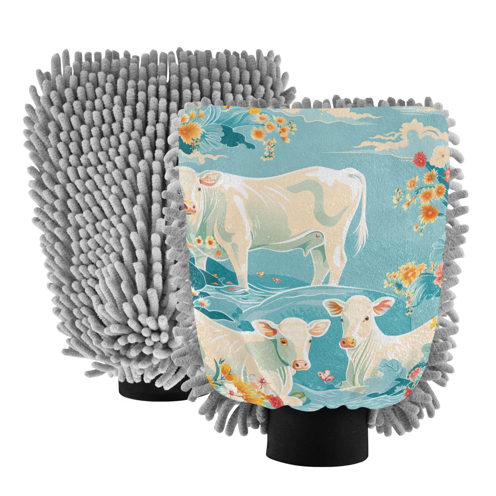 IOACIY Absorbent Microfiber Car Wash Drying Mitts, 2 Pack, Scratch-Free & Lint-Free, Rich Foam, Highly Absorbent, Double Sided, Wash Mitt Perfect for Car Washing, M, Cow (22)