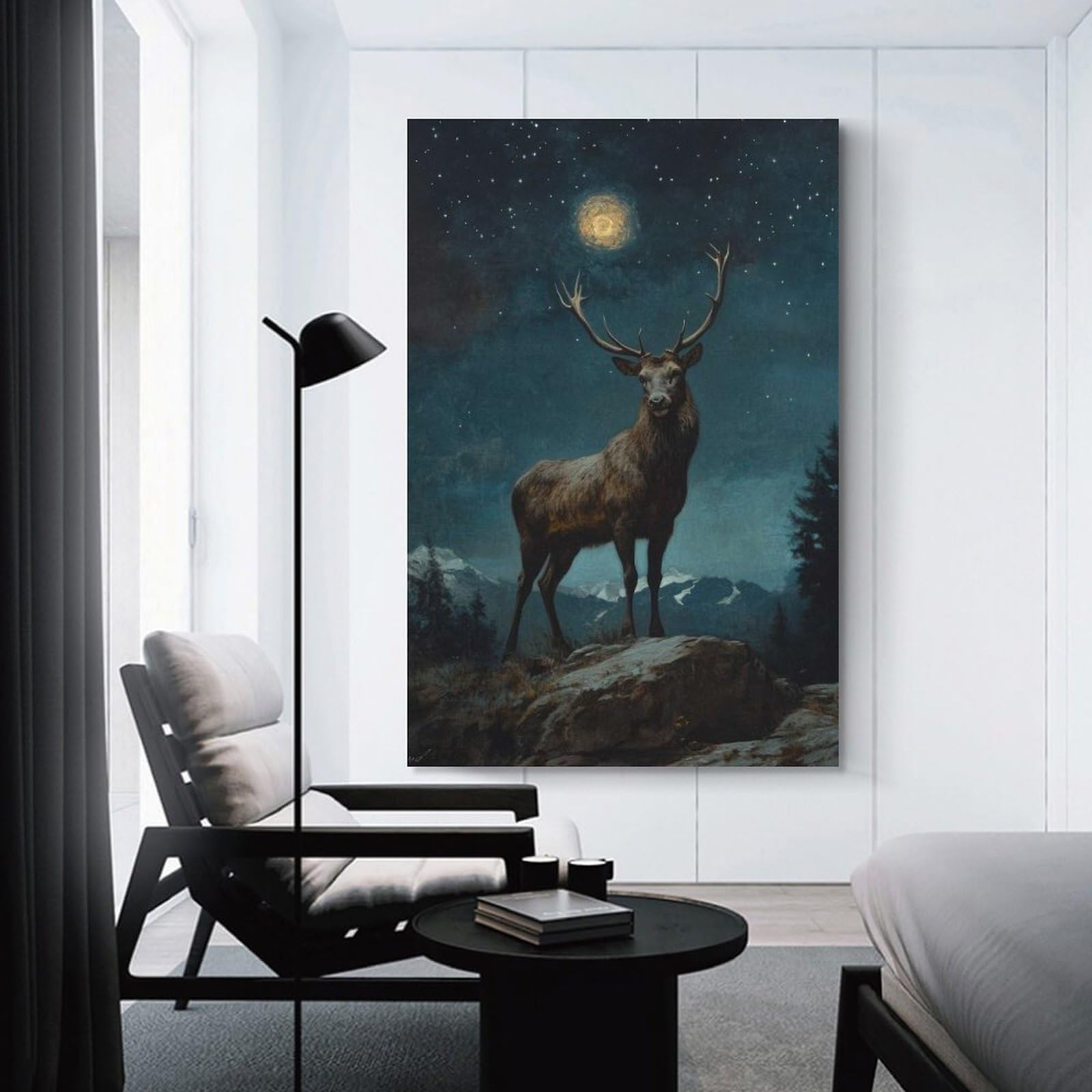 Junmoney Majestic Elk Under Night Sky Wall Picture Print 08x12inch(20x30cm), for Bedroom Decor, Cosy Corners Or Studios, Home Artwork with A Soft Interior Feel