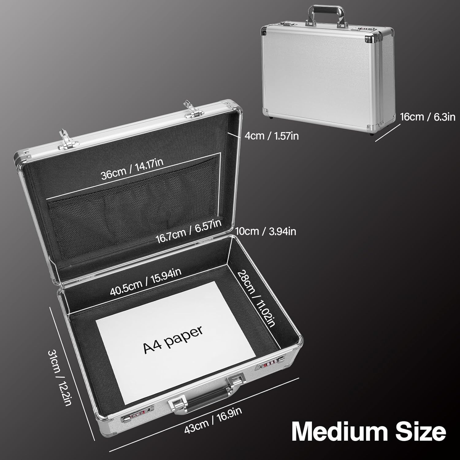 File Organizer Storage Box - 16.9 x 12.2 x 6.1 Inch Large, Portable Locking Storage Totes with Dual Combination Locks, Lock Boxes for Personal Items, Cash, Briefcase - Silver