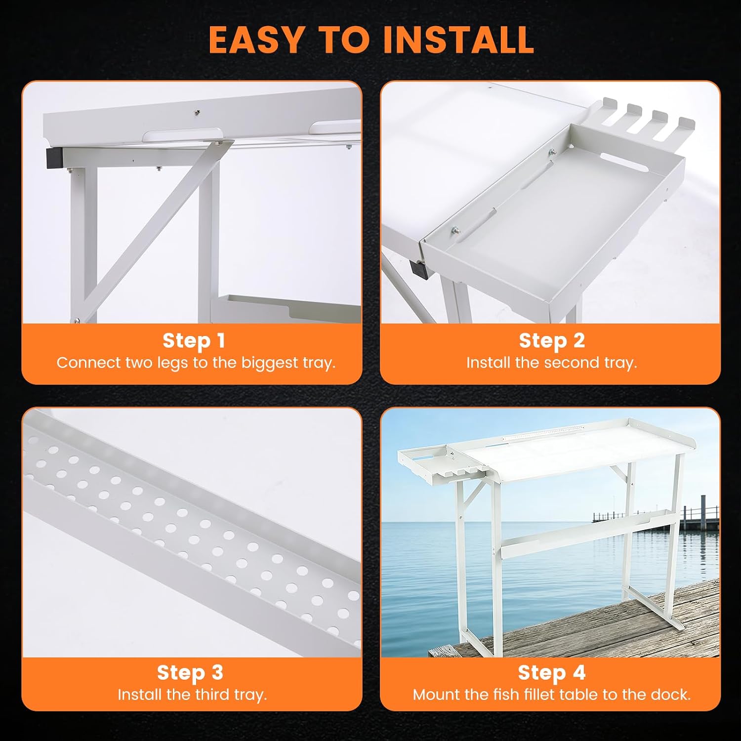 Heavy-Duty Dock-Mounted Fish Fillet Table, Fish Cleaning Table with HDPE Cutting Board, Measure Mark, Storage Box, Knife Grooves