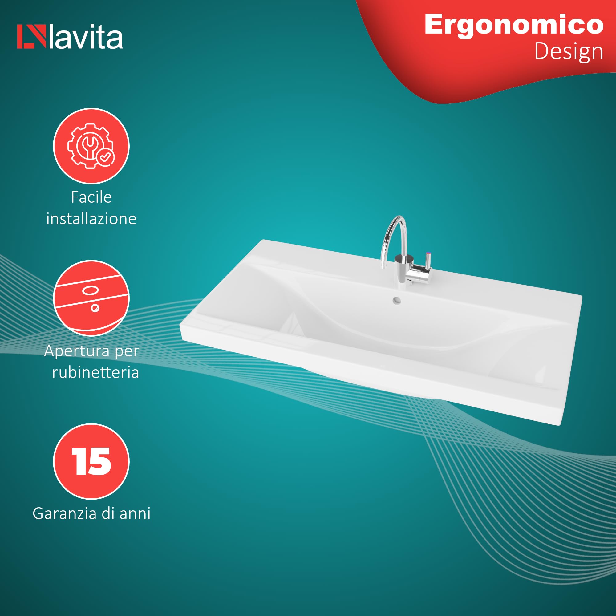LAVITA Lavabo per mobili California 800 con troppopieno e foro per rubinetto, in porcellana di alta qualità, 81 x 39 x 17 cm, bianco lucido