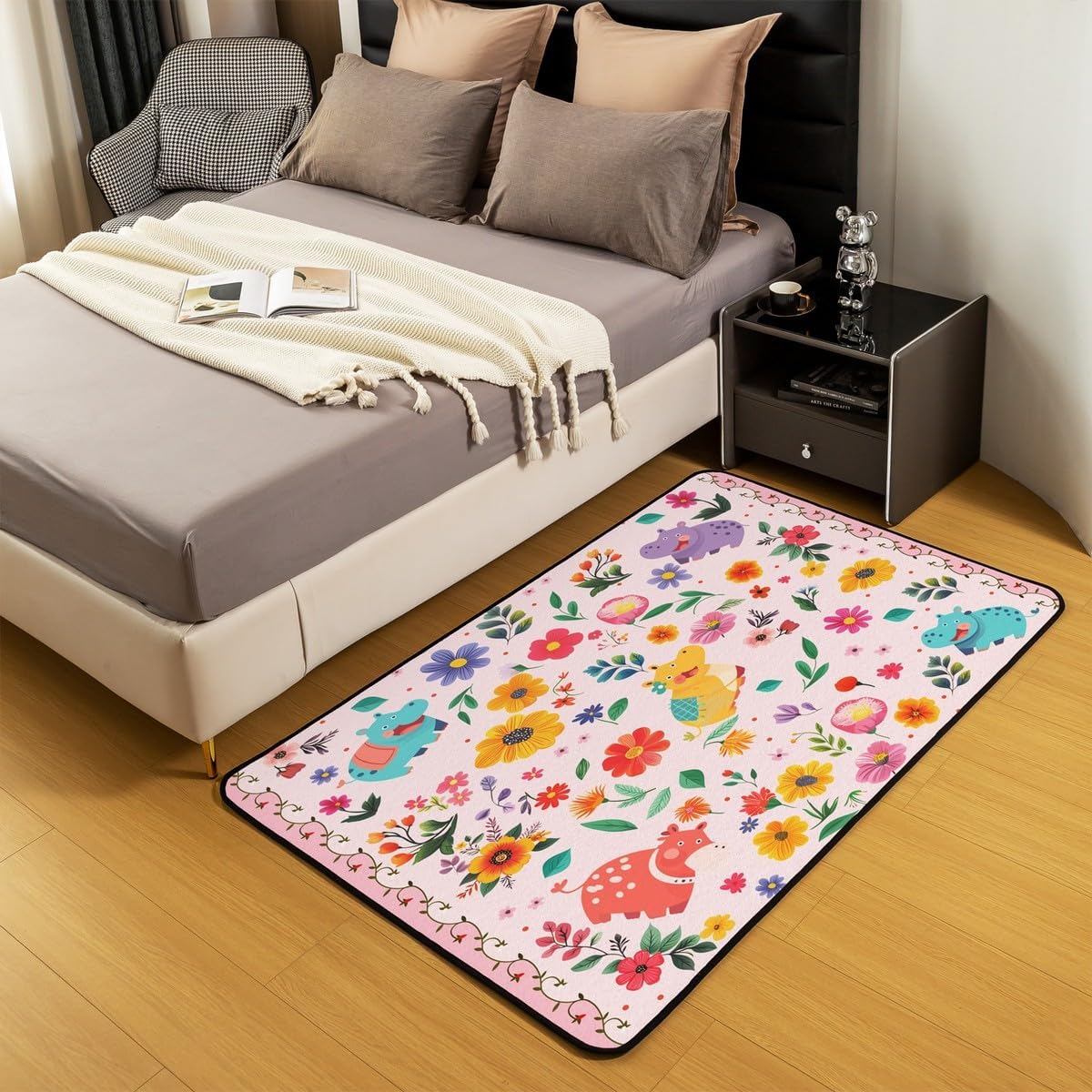 Erosebridal Cute Hippo Area Rug 3x5, Cartoon Wildlife Rectangular Carpet for Bedroom Living Room, Kawaii Flowers Printed Kids Teens Non Shedding Indoor Floor Mat, Pink Yellow Animals Decorative Rug