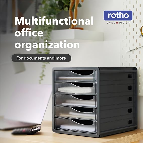 Rotho, Spacemaker, Drawer box / office box with 5 drawers, Plastic (PS) BPA-free, transparent/black, 33,5 x 28,5 x 32,0 cm