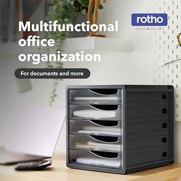 Rotho, Spacemaker, Drawer box / office box with 5 drawers, Plastic (PS) BPA-free, transparent/black, 33,5 x 28,5 x 32,0 cm