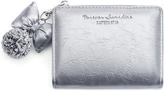 Andiker Bifold Womens Wallet, Detachable Bow Pendant Credit Card Holder for Women with Multiple Card Slots, Slim Women’s Wallet for Travel Daily Use (Silver)