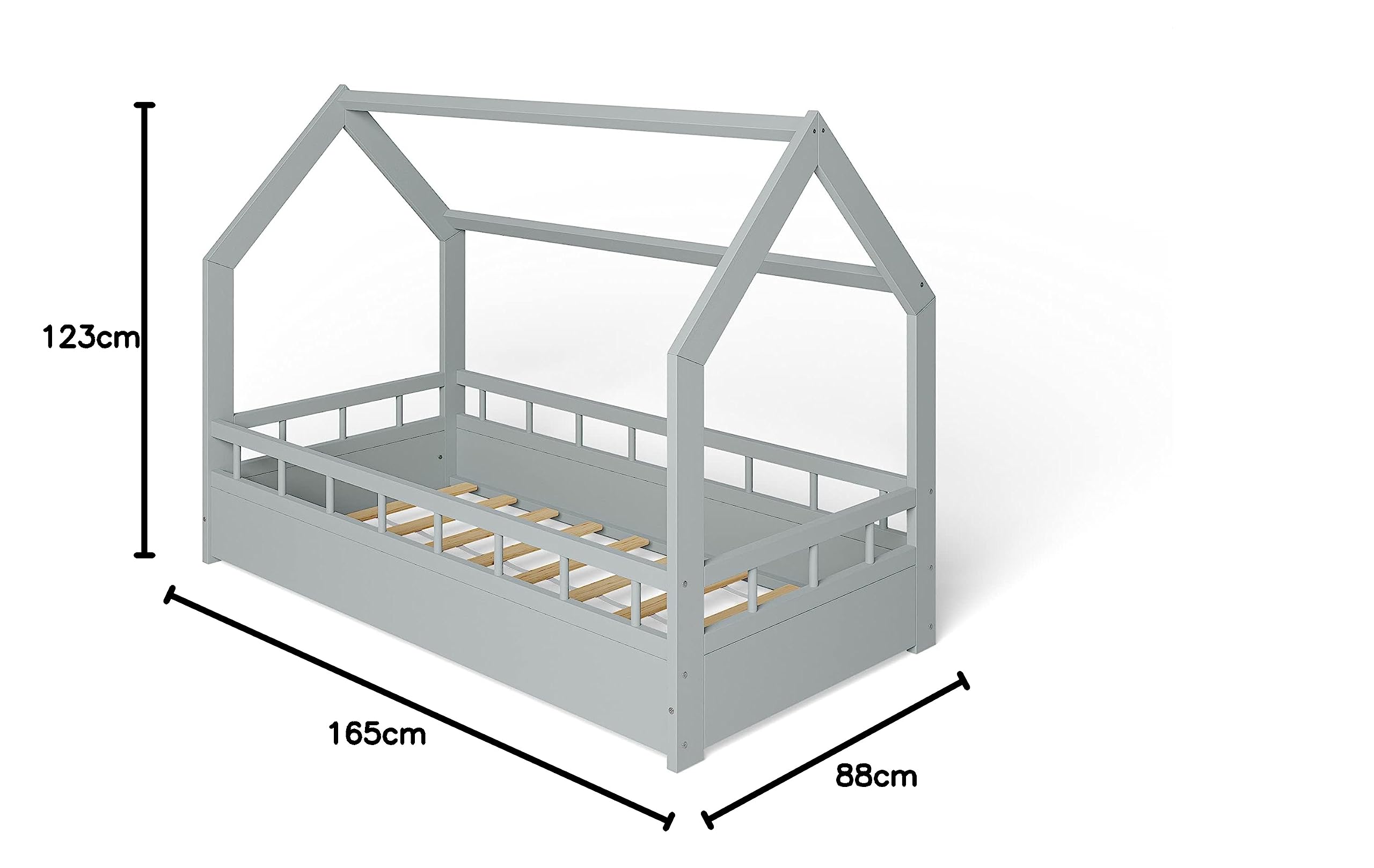 Lit Enfant Bébé Maison 80x160 cm en Massif Cabane avec Protection Anti-retombée Barrière Sécurité Gris