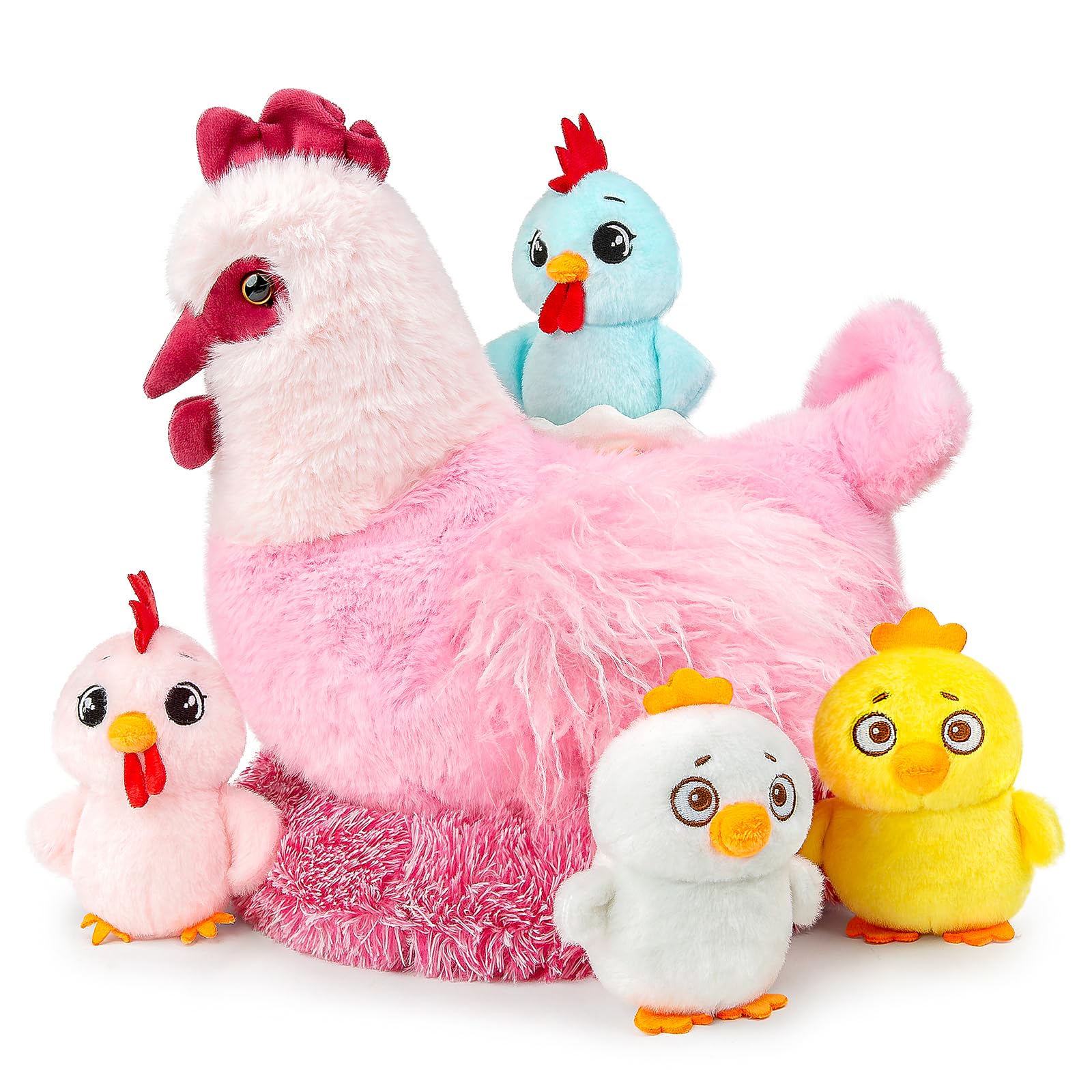 Galleria di Peluche Chioccia con 4 Pulcini, Giocattolo di Gallina in 5-in-1 con Nido e Pancia con Cerniera, Morbidi Animali della Fattoria, Regalo di Compleanno di Pasqua per Bambini