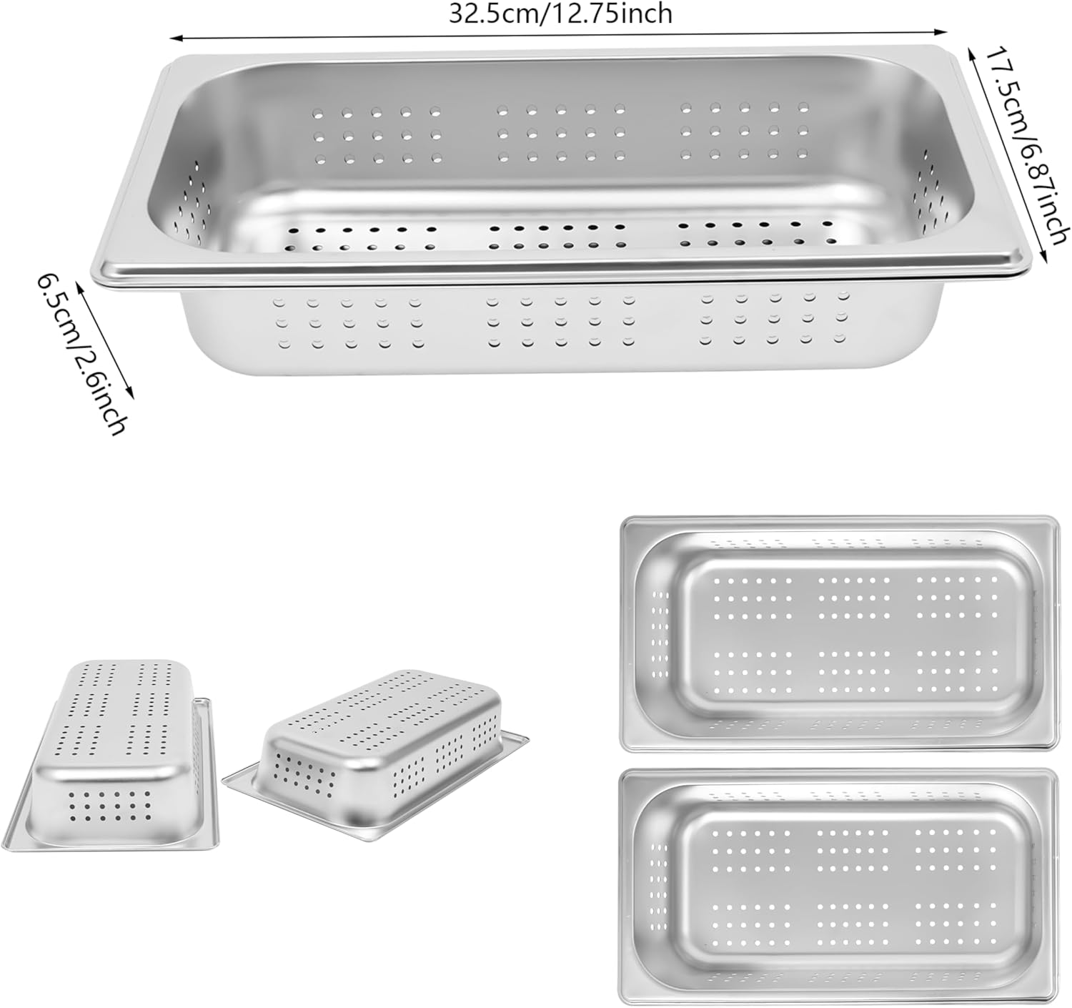 2 Pcs Filtering Pans, 2"Deep Anti-Jam Perforated Pan Stainless Steel Steam Pan Filter Basket, 1/3 Size Vegetable Fruit Washing Basin Food Pans Chafing for Hotel Catering Kitchen Restaurant