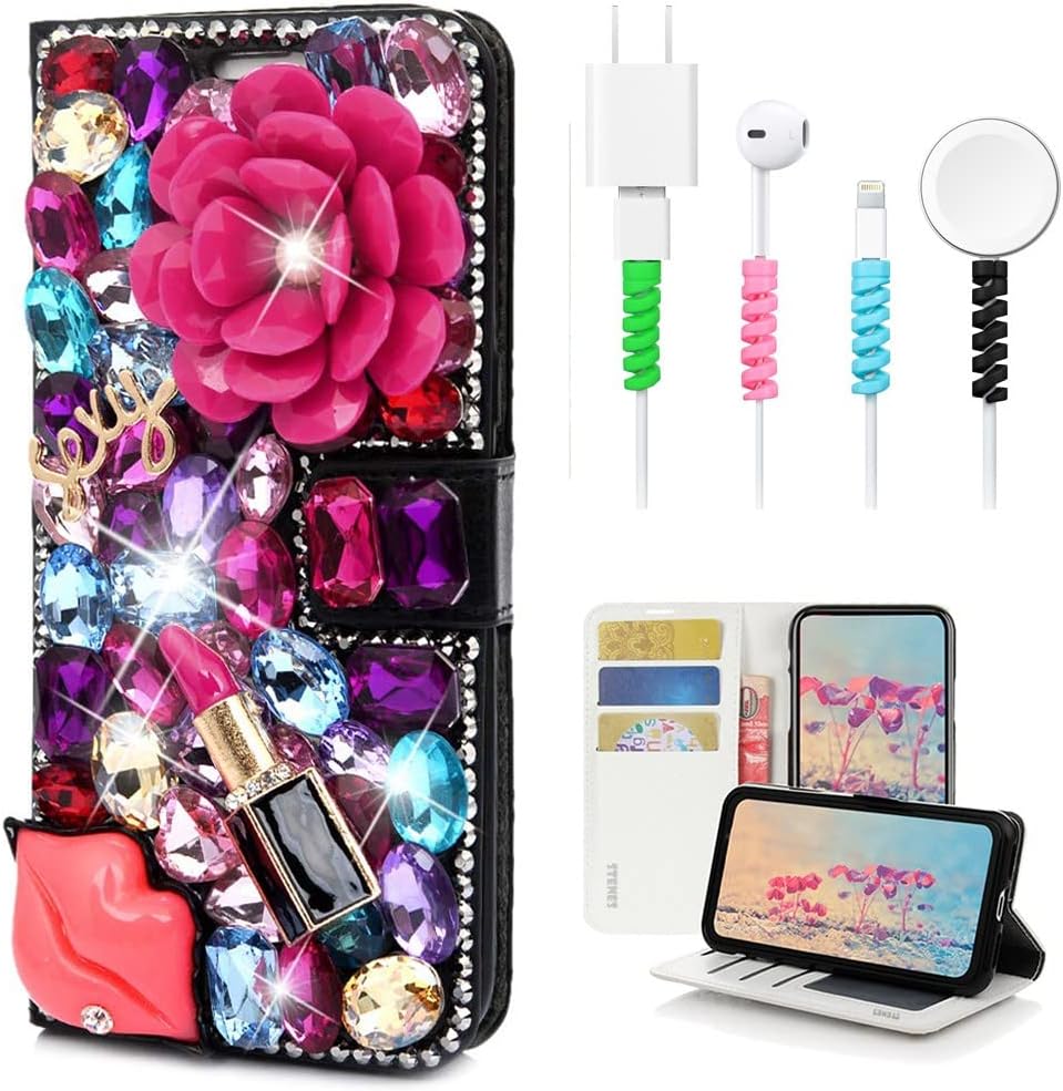 STENES Bling Wallet Phone Case Compatible with Samsung Galaxy A16 5G Case - Stylish - 3D Handmade Crystal Rose Sexy Lips Lipstick Magnetic Wallet Leather Cover with Cable Protector [4 Pack] - Red