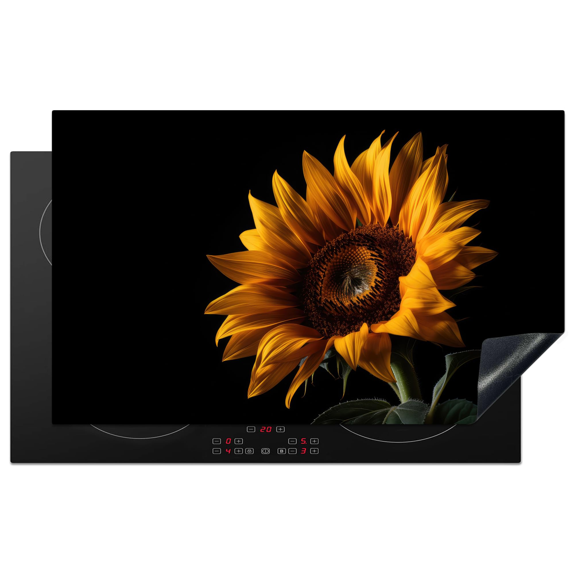 KitchenYeah© Induction Hob Protector Mat 20.3"x32.7" / 83x51.5 cm Cooker Top Protectors Cover Ceramic Covers Electric Hobs Vinyl Flowers - Botanical - Black - Sunflower — image 1