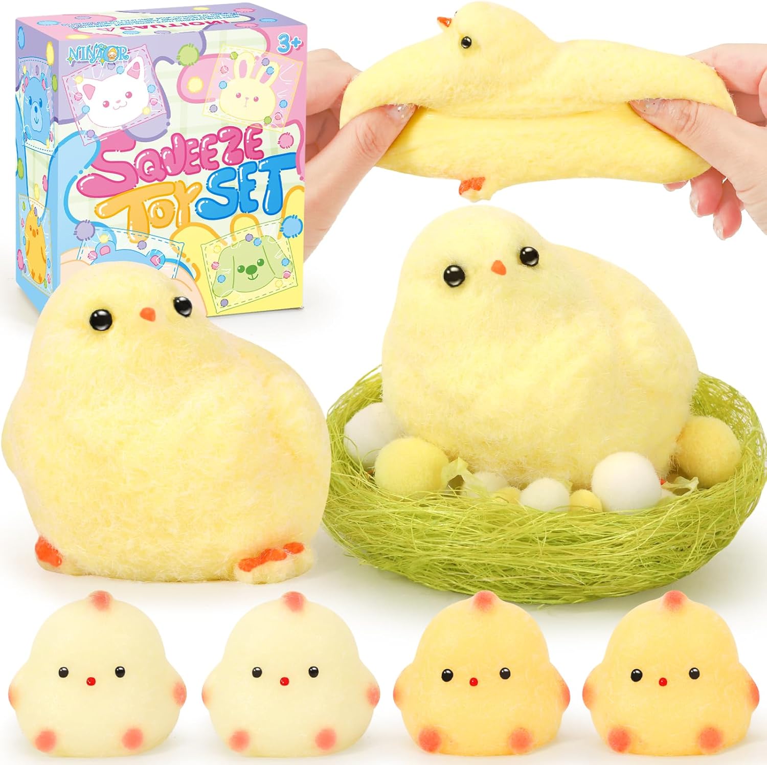 NINAOR Squishy Fidget Toys, 6Pcs Squeeze Soft Cute Stuff Chicken Sensory Toys for Kids Stress Relief Gifts, Birthday Party Favors Desk Classroom Decor Goodie Bags Stocking Stuffers
