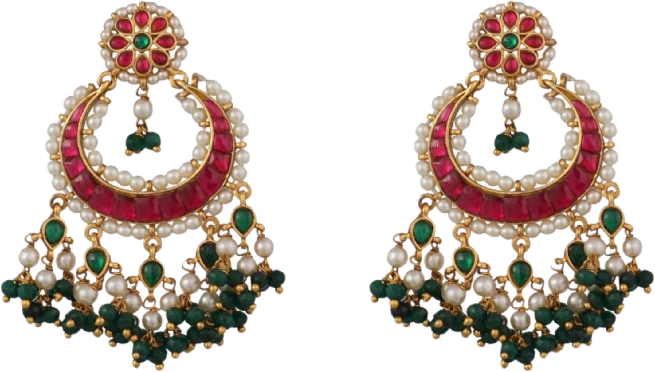 Antique Gold-Plated Indian Drop Earrings for Women Brass CZ Pearl Desi Jewelry Wedding Jewelry Ethnic Occasion Gift for Her