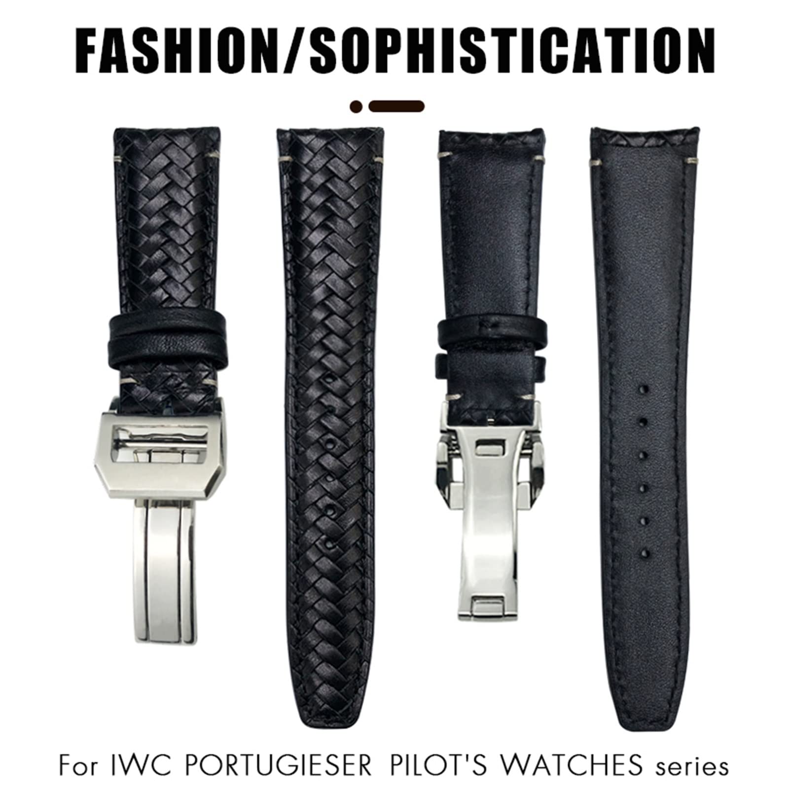 BIK Correa de reloj tejida de cuero vacuno con extremo curvado de 20 mm, 21 mm, 22 mm, apta para IWC Portugieser Pilots, correa de reloj de piel auténtica