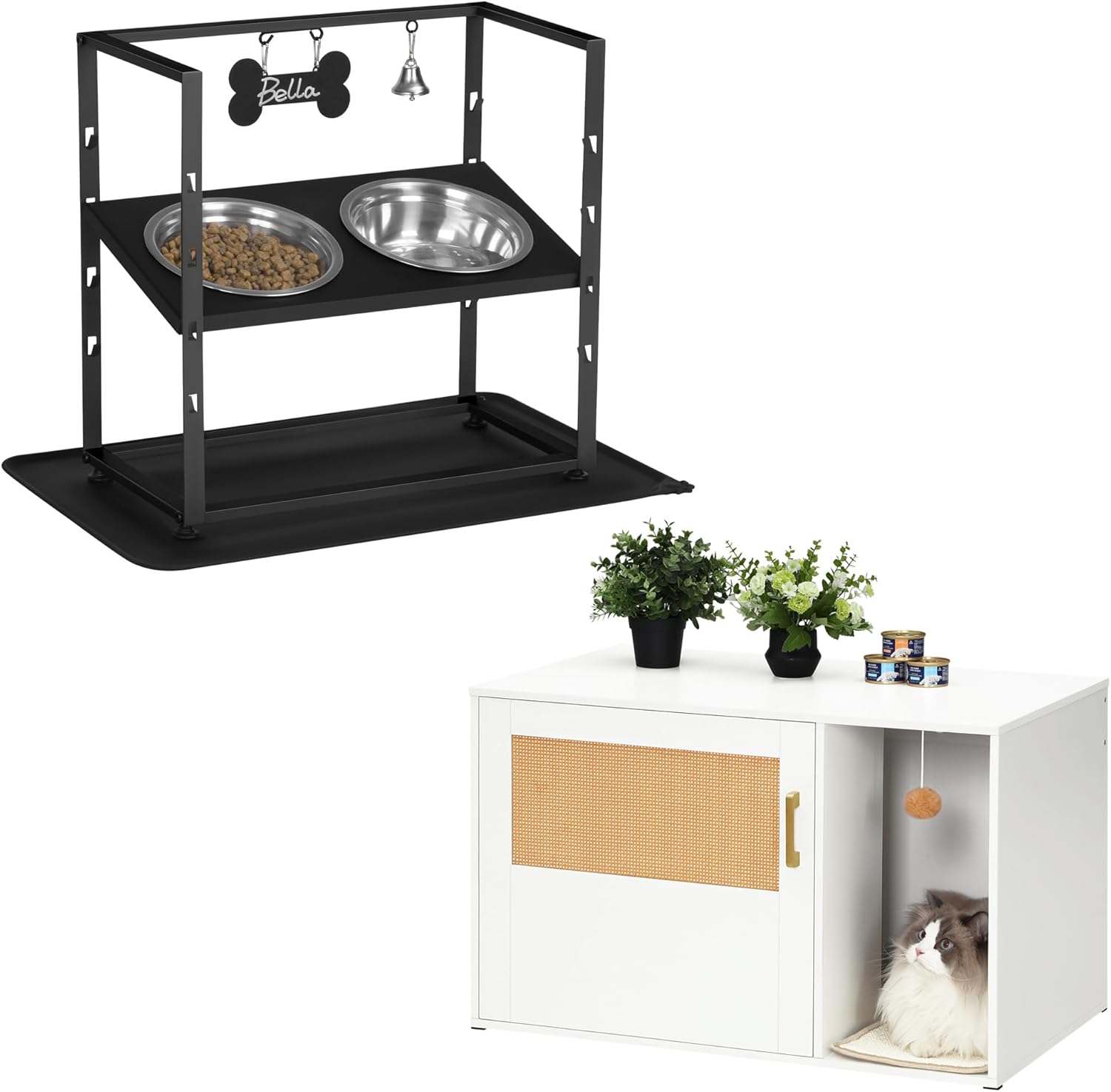 Hzuaneri Cat Litter Box Enclosure with Rattan Door