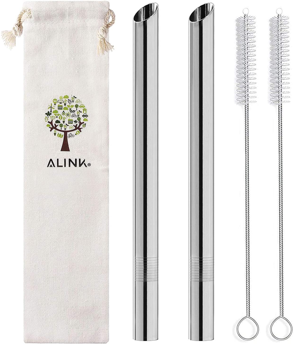 [Pointed Design] ALINK Reusable Metal Boba Straws, 1/2" Wide Stainless Steel Smoothie Straws for Bubble Tea/Tapioca Pearl, 2 Straws + 2 Cleaning Brush + 1 Case