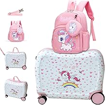 R.Leone Ryanair Children's Ride-on Suitcase 55 x 40 x 20 cm + 30 x 23 x 14 cm Set of 2 Trolley 4 Wheels Hand Luggage and Backpack 311, Unicorn, Swivel castor
