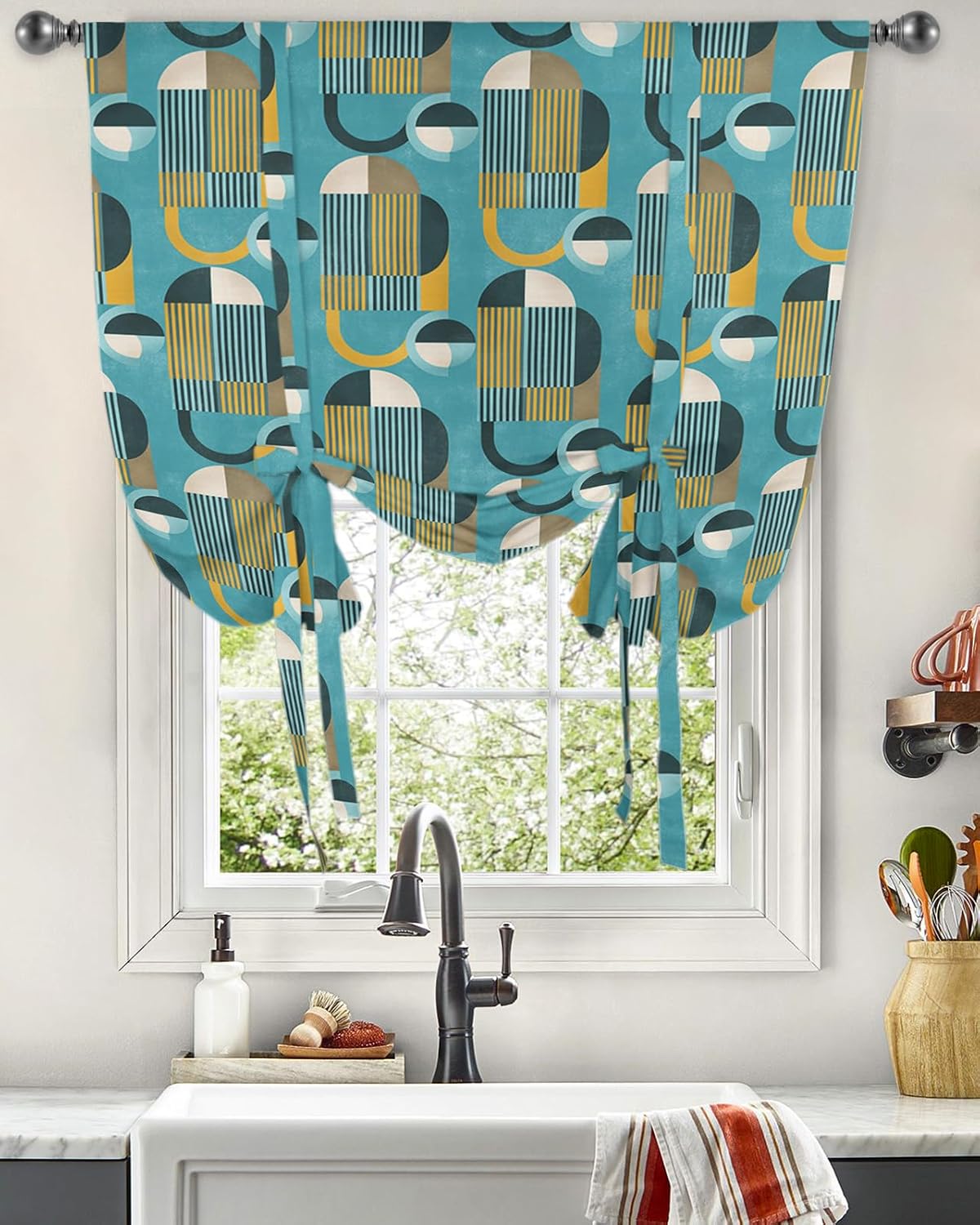 Tie Up Window Shade Curtain Mid Century Abstract Geometric Circle Arch Art Kitchen Adjustable Balloon Curtains Shades Drape 46x63In for Living Room/Bedroom/Cafe Windows Contemporary
