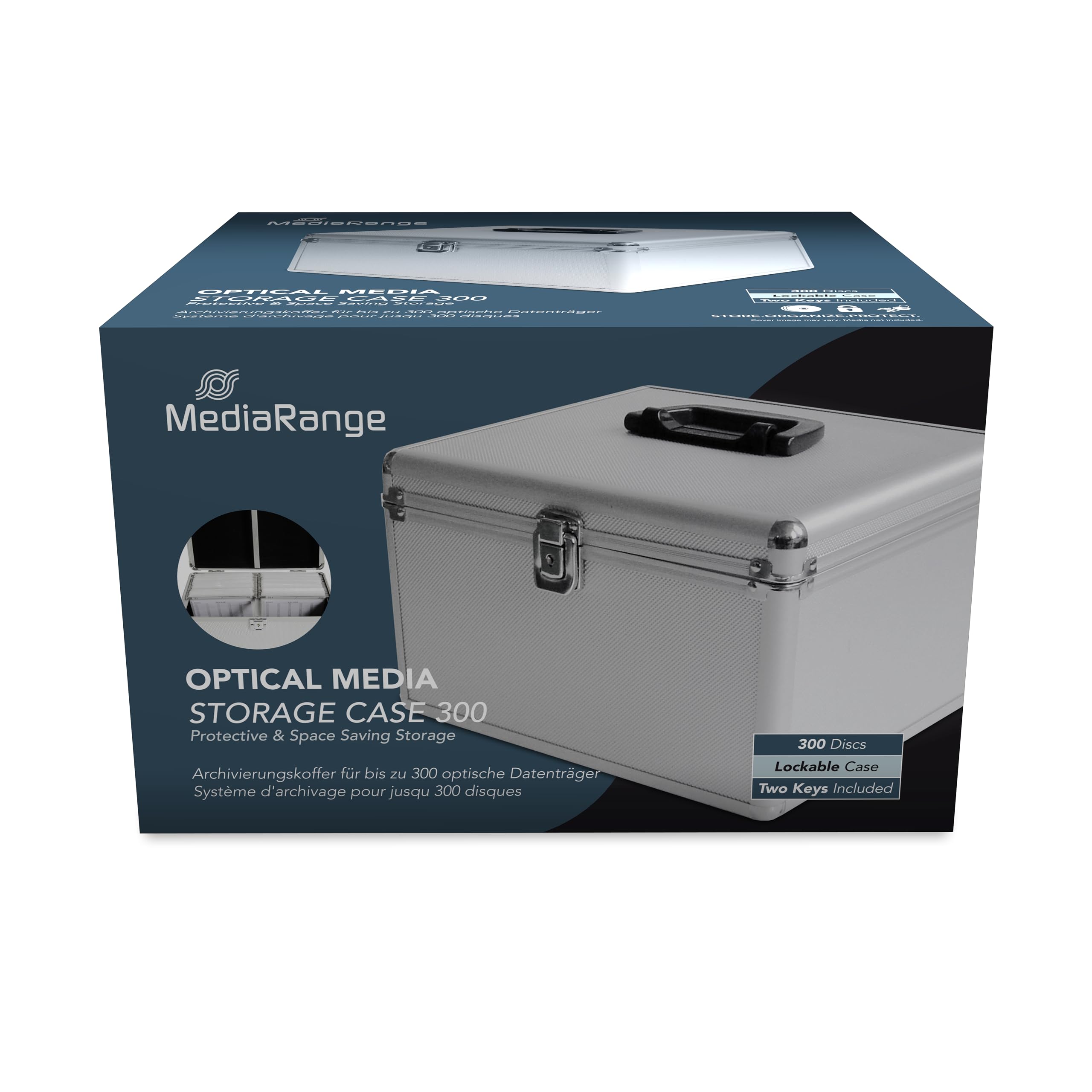 MediaRange 300 Disc Storage Case Aluminium Effect with Hanging Pockets Silver