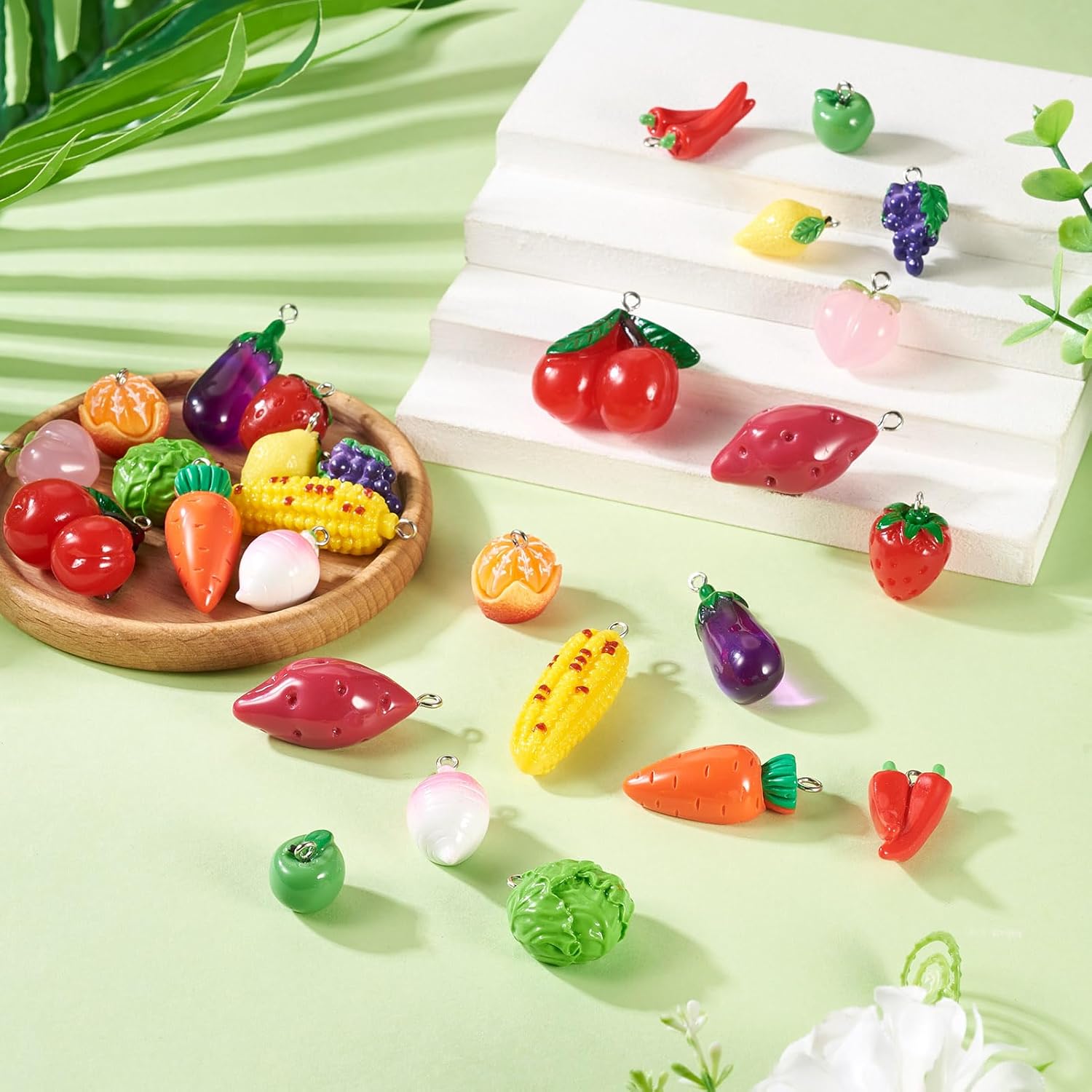 Cheriswelry 28Pcs 3D Resin Vegetable Fruit Pendants Carrot Corn Eggplant Pepper Strawberry Lemon Peach Dangle Charms with Platinum Loops 15-41mm for DIY Keychain Necklace Jewelry Making - Image 6