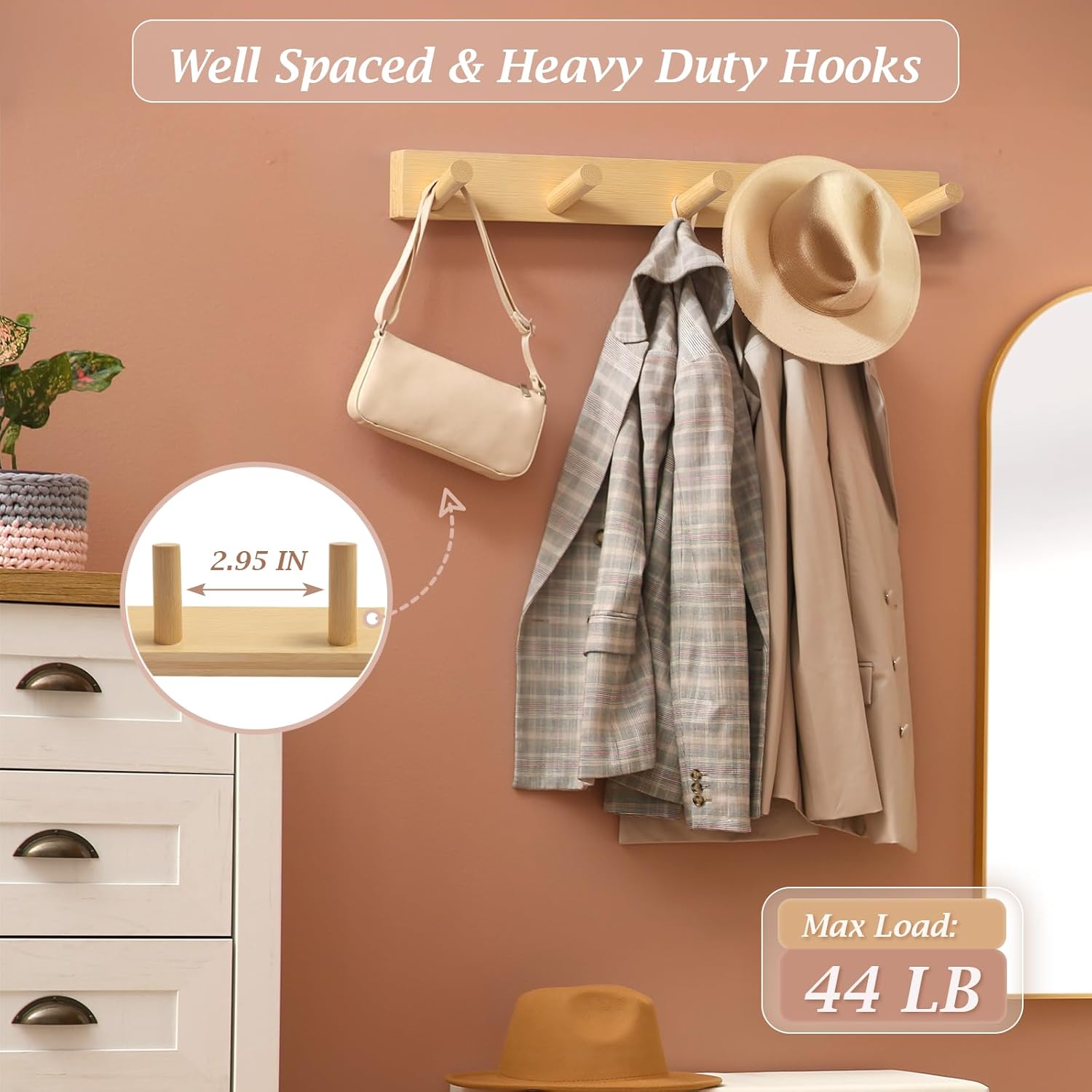 Coat Rack Wall Mount, Wooden Coat Hanger with 5 Hooks, Heavy Duty, Natural, 1 Pcs - Image 4