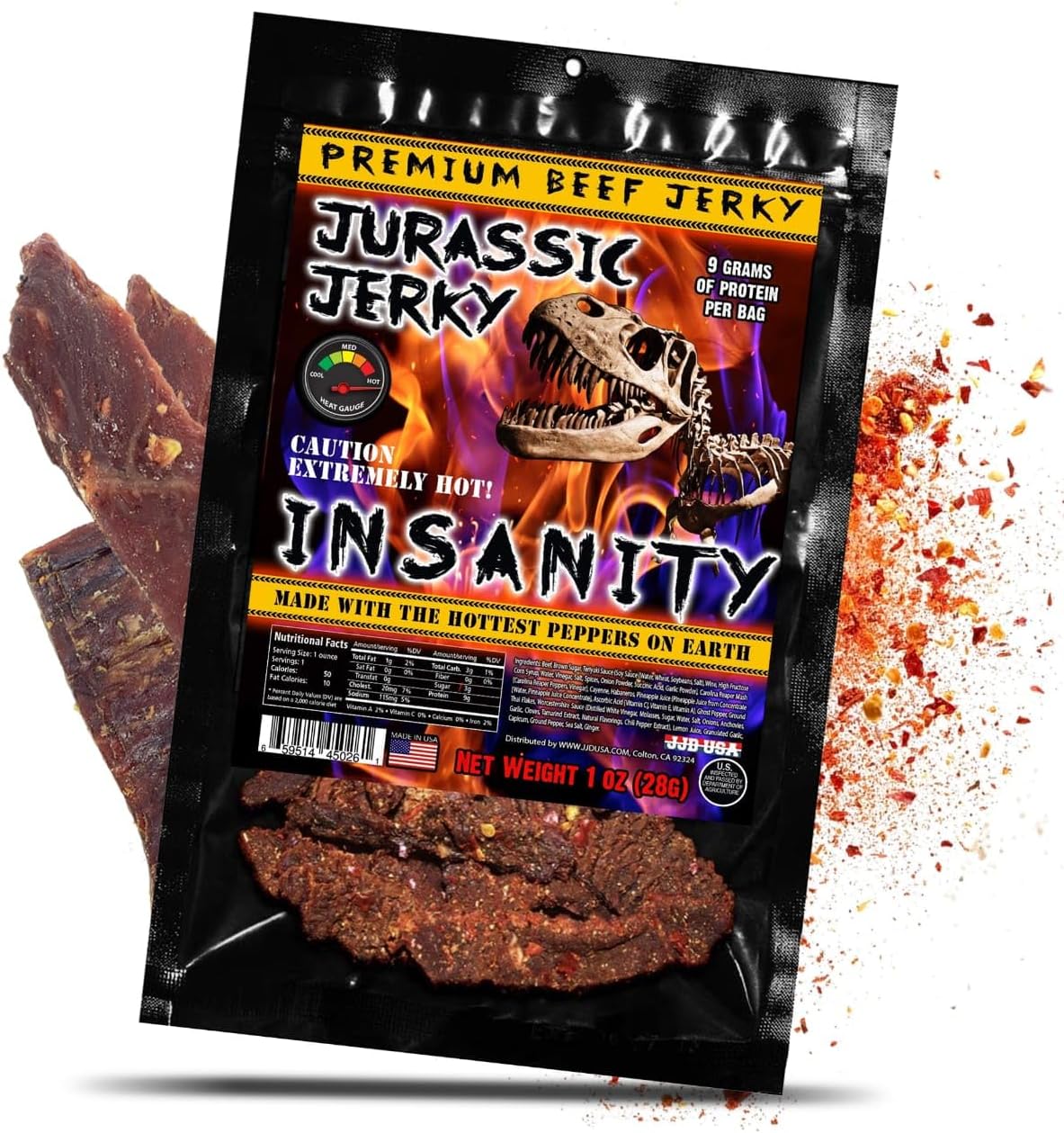 Jurassic Jerky Insanity Beef Jerky - made with the Ghost, Habanero & Carolina Reaper the Hottest Pepper on Earth! Can you handle the Heat? - (1) 1 oz bag