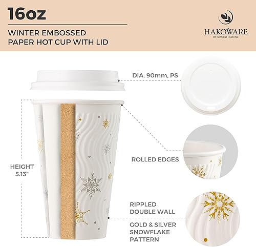 Miniatura 2 de Paquete de 100 tazas de café de Navidad de 16 onzas, vasos de papel desechables de invierno con copos de nieve blancos, vasos de papel de pared con