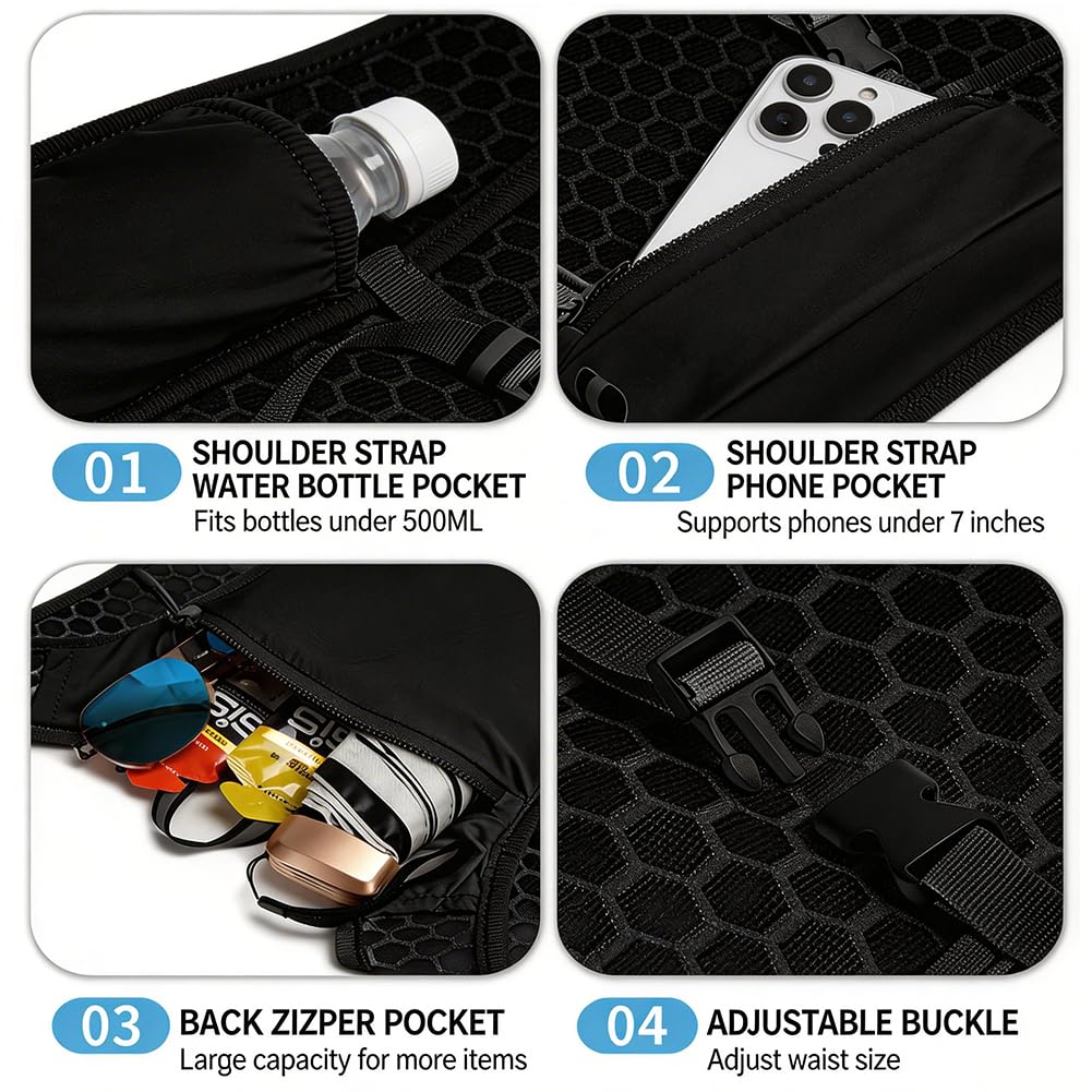 Gilet De Course Avec Poche à Eau 1L - Sac D'hydratation 5L Respirant, 9 Poches, Bandes Réfléchissantes, Téléphone 7,3'', Pour Homme/femme, Noir