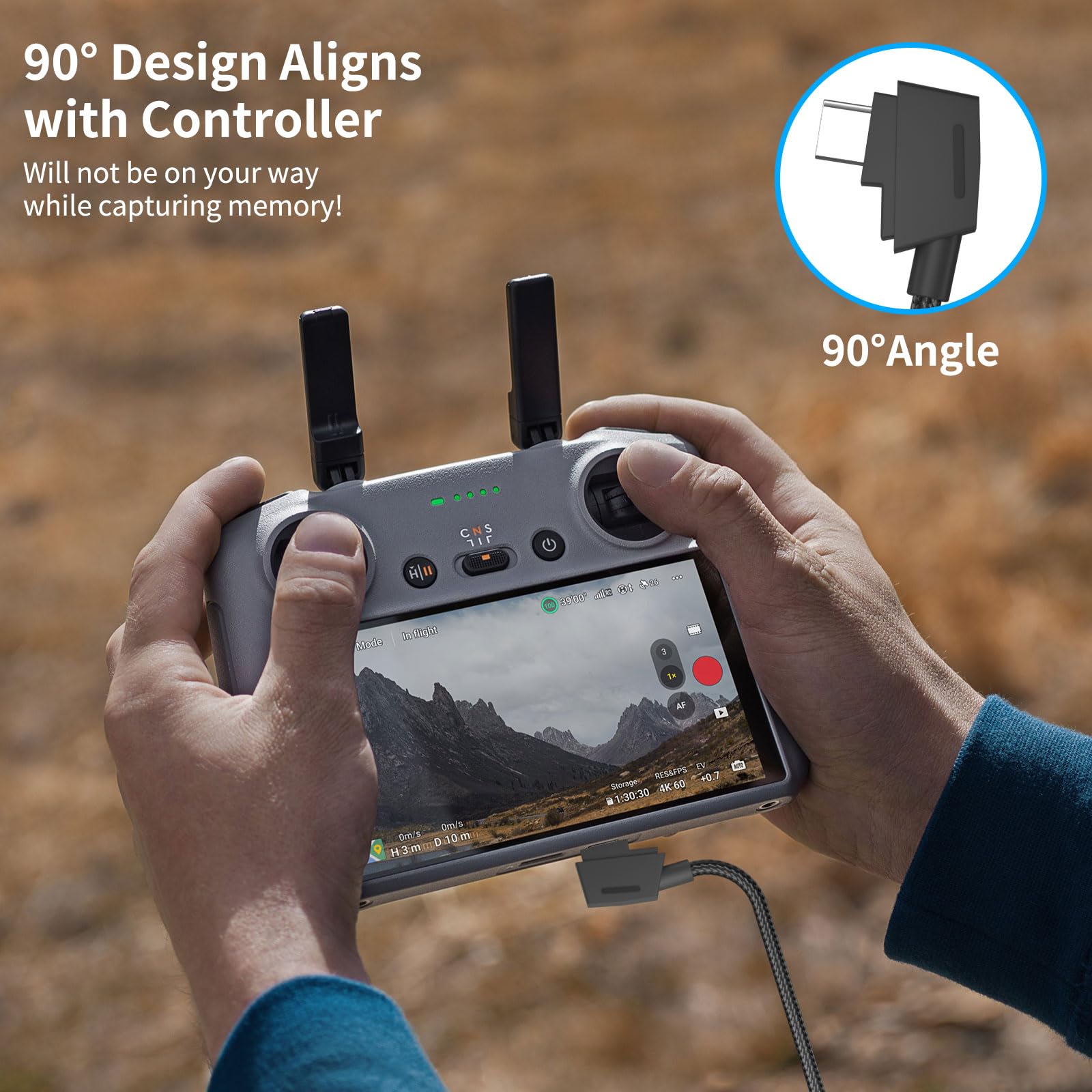 1 m USB A auf USB C Fernbedienungskabel für DJI Mavic 2 Pro Zoom, Mini, SE, Air, Spark Drohne, 90 ° rechtwinkliges Nylon-geflochtenes Ladekabel für DJI Drohnen-Controller, nur Strom, Schwarz