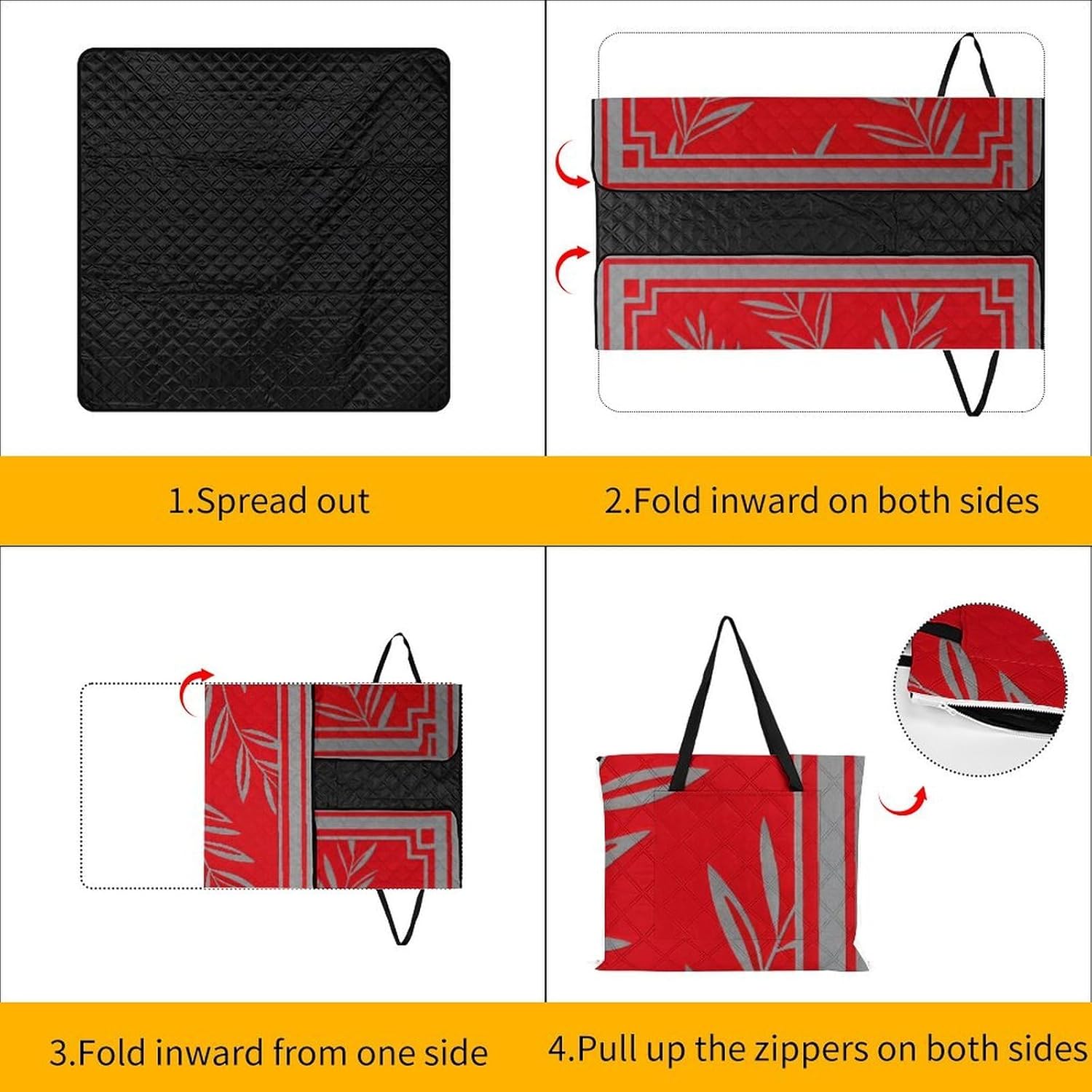 Grey Red Print Picnic Blanket with Zipper Water Resistant Sand Free Picnic Mat Washable Foldable Easy Carry Beach Blanket for Lawn Beach Hiking Camping