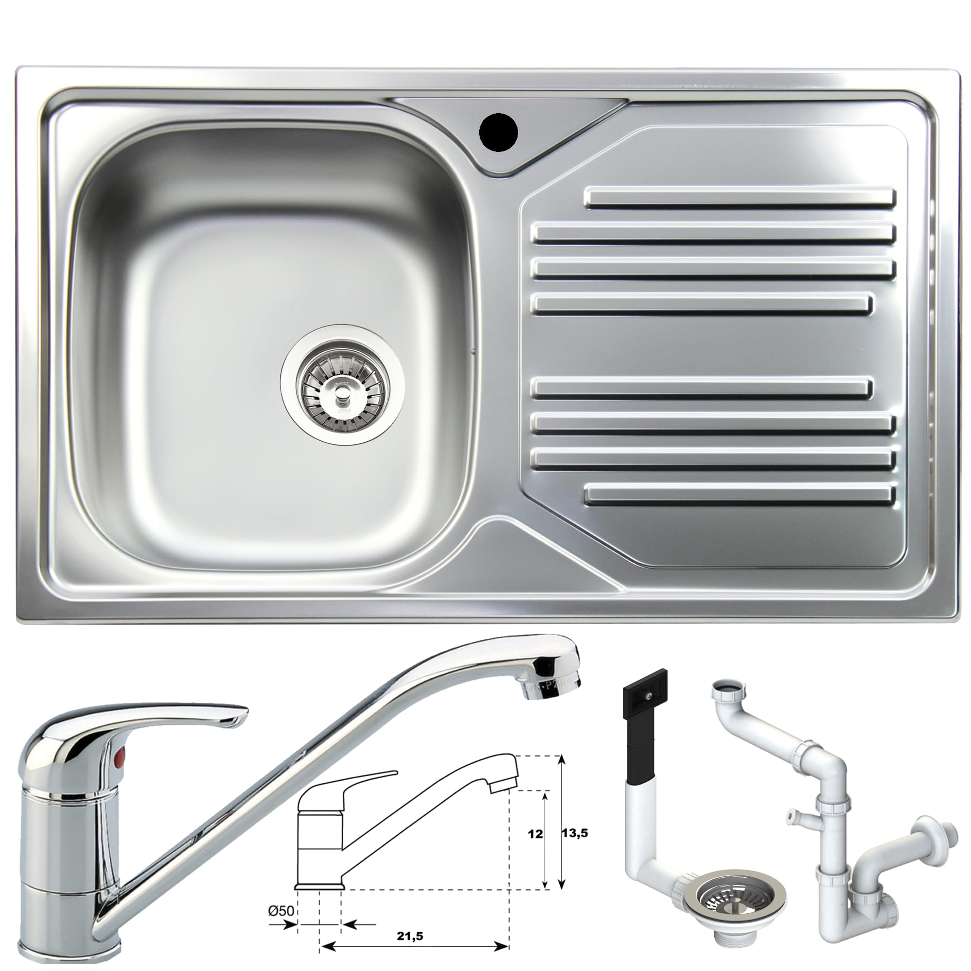 Lavello Cucina 1 Vasca Sinistra con Gocciolatoio Destro cm. 86 X 50 Acciaio Inox e Miscelatore