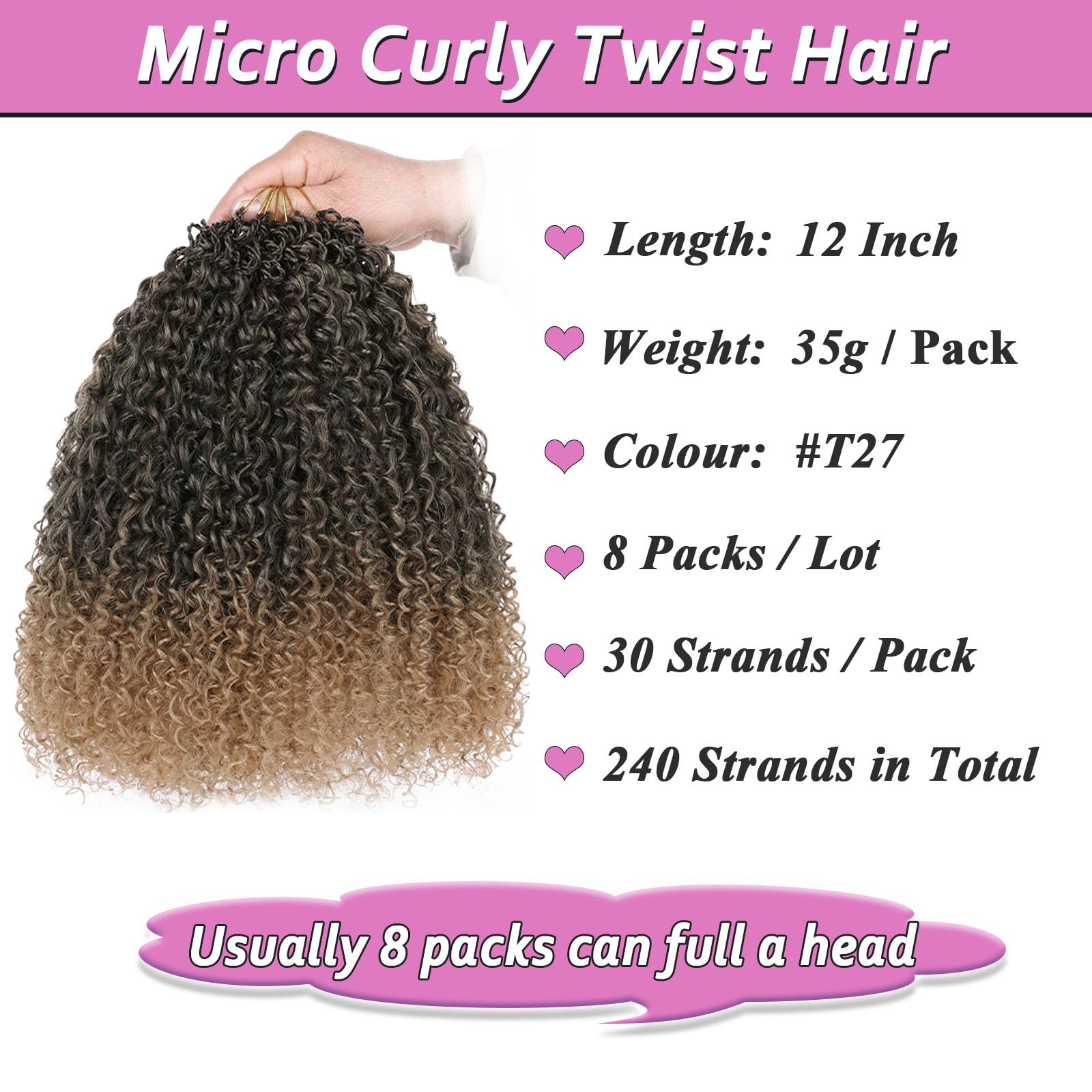 Samtress Pre Looped Micro Curly Twist Crochet Hair for Black Women 12 Inch 8 Packs Micro Twist Kinky Curly Crochet Hair Synthetic for Black Women (#T27) - Image 2