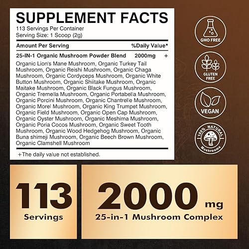 Miniatura 4 de Polvo de hongos 25 en 1, complejo de hongos, melena de león, reishi, shiitake, chaga, cola de pavo, cordyceps, maitake y más, suplemento de hongos