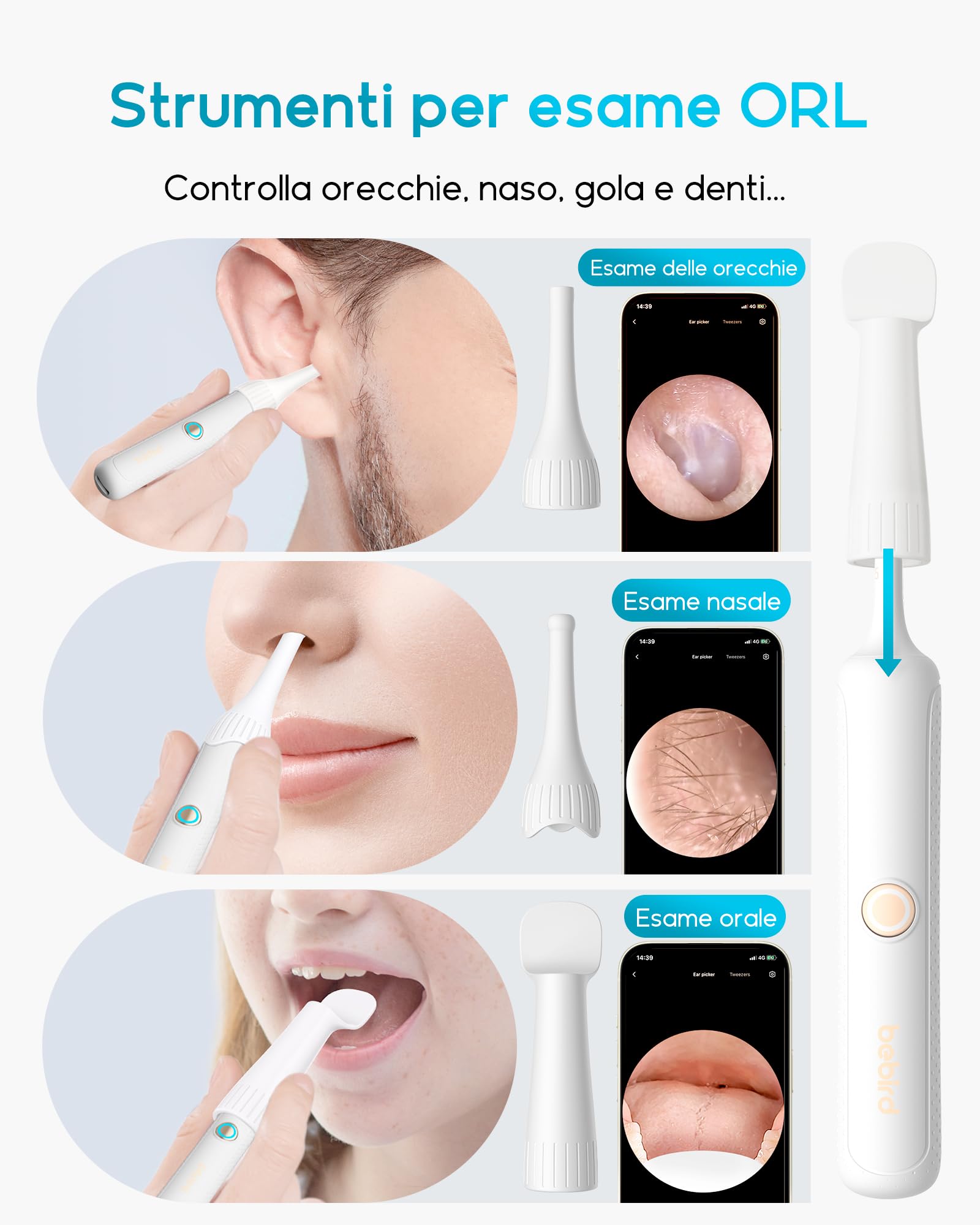 Bebird Otoscopio Digitale, 1920P HD Flessibile Pulisci Orecchie con Telecamera, Kit Rimozione Cerumeper Orecchie/Naso/Gola, Pulizia Orecchie con Pinzette,Punte Sostituibili per Adulti Bambini