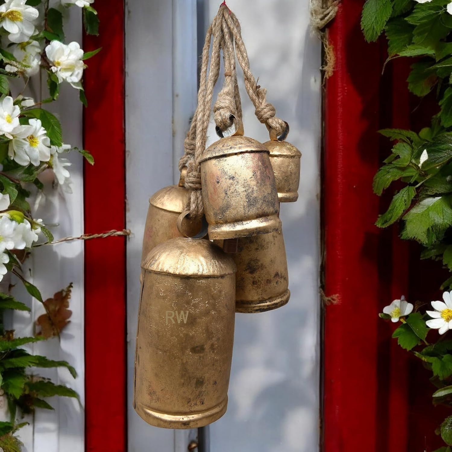 Set of 5 Large XXL Farmhouse Bells - Vintage Style Harmony Shabby Chic Rustic Cow Bells for Christmas Decor - Gold on Rope - Decorative Hanging Ornaments