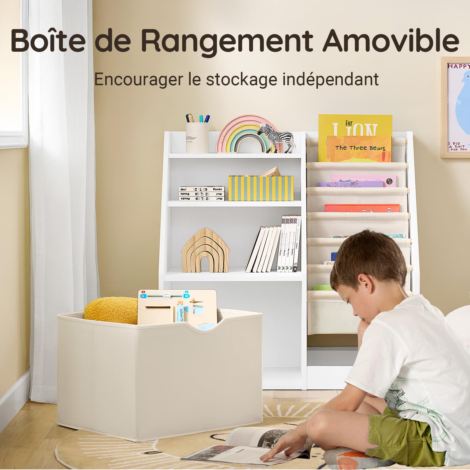 SoBuy Bibliotheque Enfant 3 Niveaux Bibliothèque Montessori avec Rangement Jouet et Paniers Tissu Meuble Chambre Enfant Etagere Chambre Blanc 80x40x80cm KMB119-W