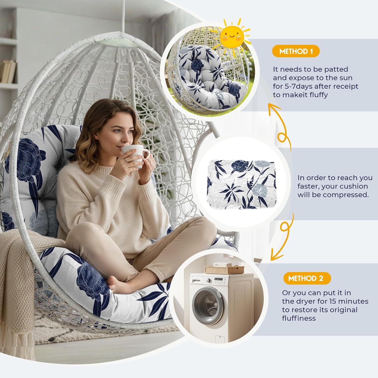 Waterproof Egg Chair Cushion Replacement Outdoor Hanging Egg Chair Cushion 47x35x7 Inches Thicken Couch Cushions with Ties, Blue Enchantress