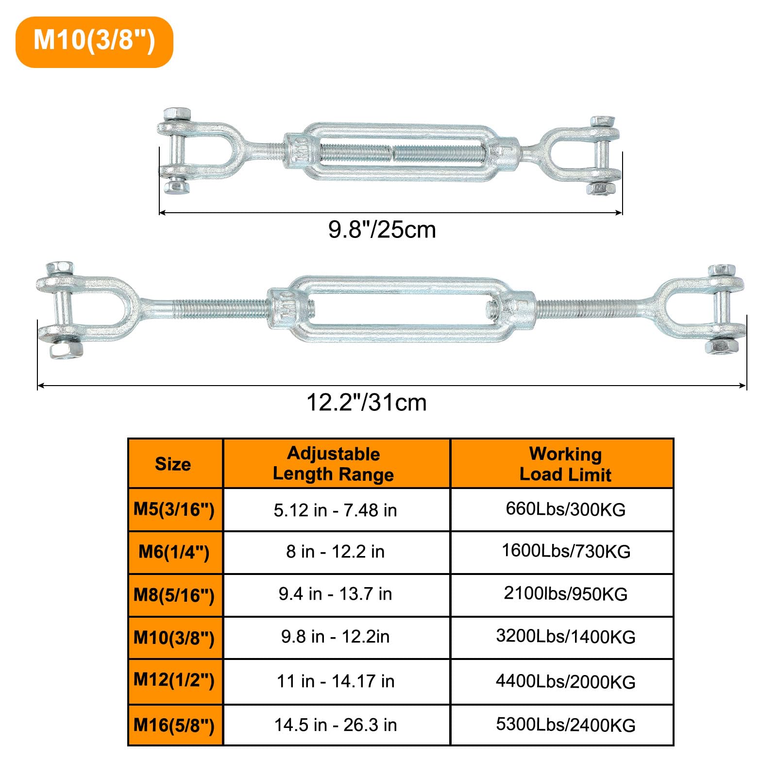 QUARKZMAN 4Pcs M10(3/8") Morsetto A Morsetto Per Cavo Di Acciaio Zincato Regolabile Per Tende Da Sole, Corda Per Bucato, Carico Di Lavoro Massimo 3200 Lbs