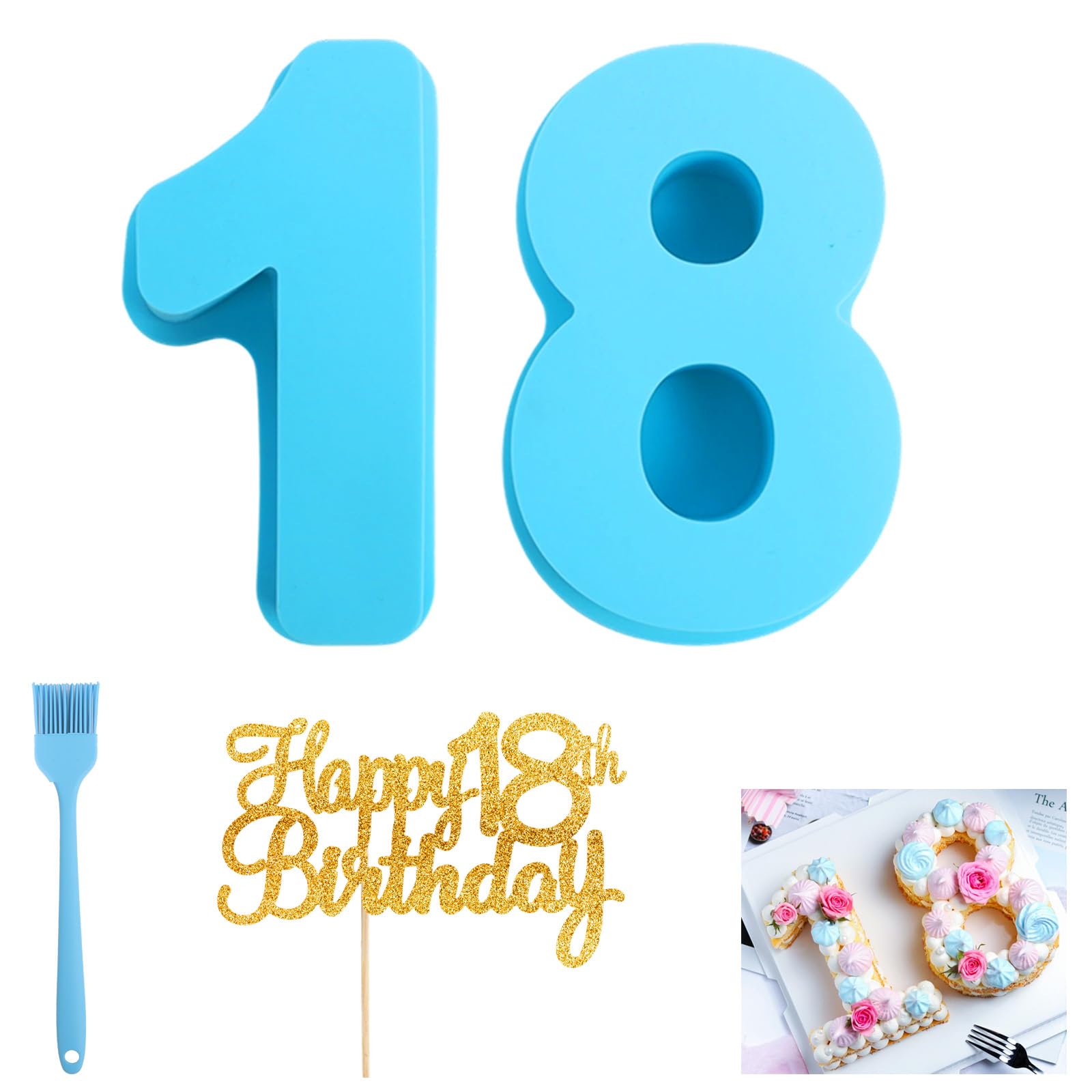 Poeruse Number Cake Molds, Silicone 3D Number Cake Moulds, 5inch Cake Numbering Pans, for 18th Birthday Wedding Anniversary (18th)