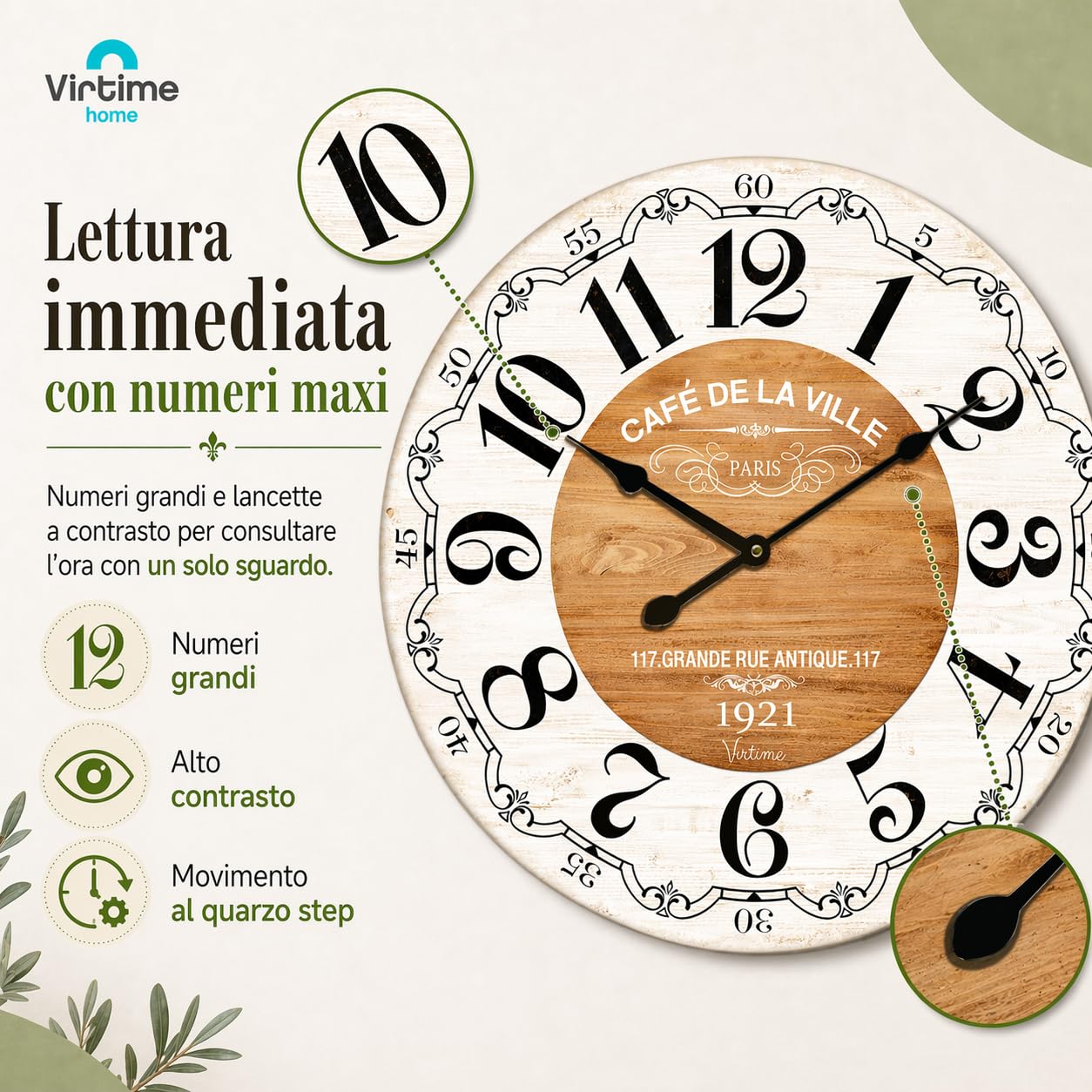 Orologio da parete grande 58 cm effetto legno – Design shabby chic stile francese, numeri grandi ben visibili, movimento silenzioso al quarzo, decorazione casa soggiorno cucina ufficio (Bianco)