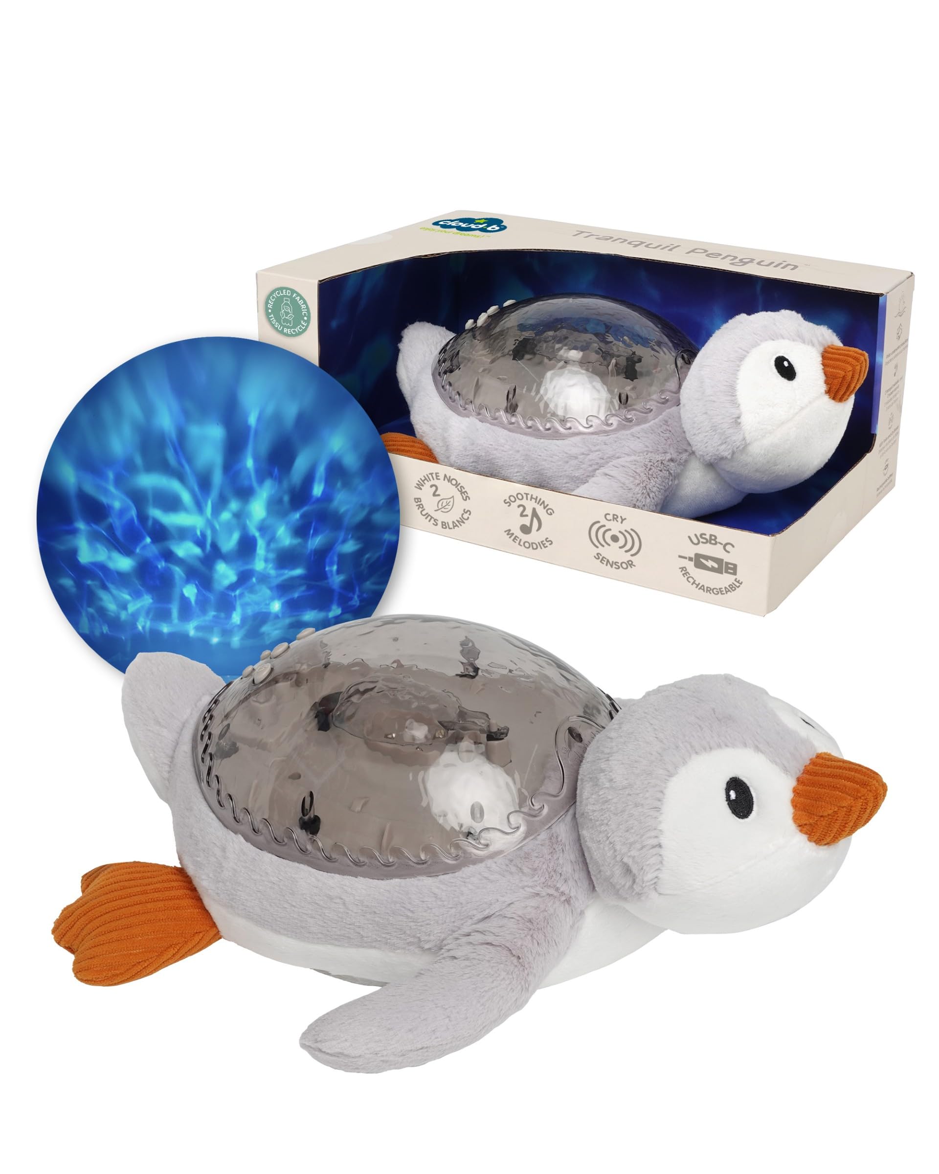 Cloud b Tranquil Penguin | Umweltfreundliches Baby-Nachtlicht & Soundmaschine, Patentierter Ozeanwellen-Projektor, Intelligenter Cry Sensor, Weißes Rauschen, USB-C Wiederaufladbar