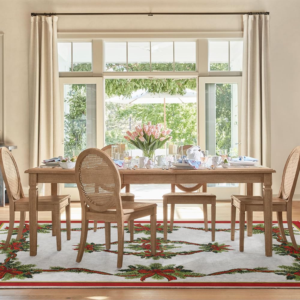 Artoid Mode Alfombra de Navidad con diseño de pinos de cinta de acebo, decoración del hogar, de bajo perfil, lavable, para entrada, dormitorio, sala de estar, lavandería, interior, 5 x 7 pies